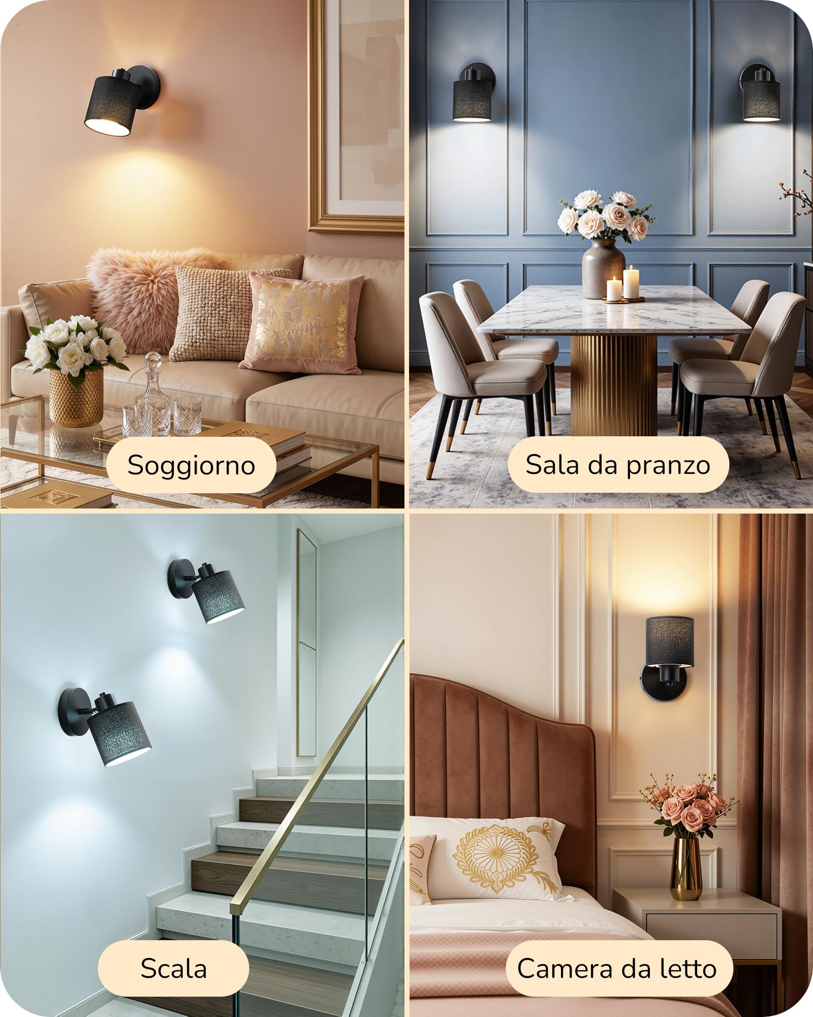 EDISHINE Set 2 Lampade da Parete LED, Dimmerabili, Telecomando, Nero | Orientabile A 350°/90°, 3000–6500 K, Lampadina LED Inclusa con Telecomando, per Camera da Letto, Soggiorno e Corridoio