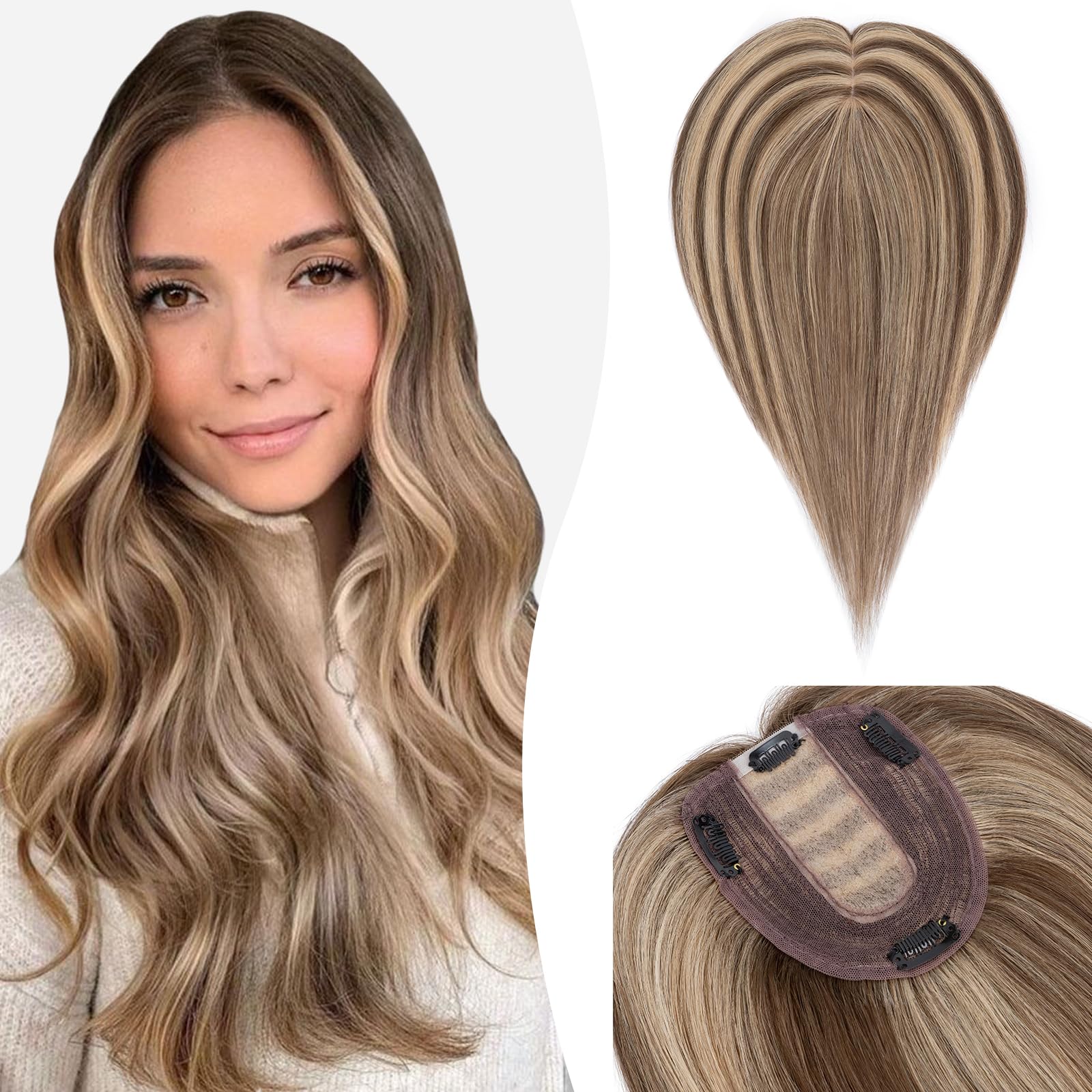 Silk-co 16inches Hair Topper for Thinning Hair Women Clip in Real Remy Human Hair Extensions Top Hair Piece Silky Soft (#4P27 Medium Brown&Dark Blonde)