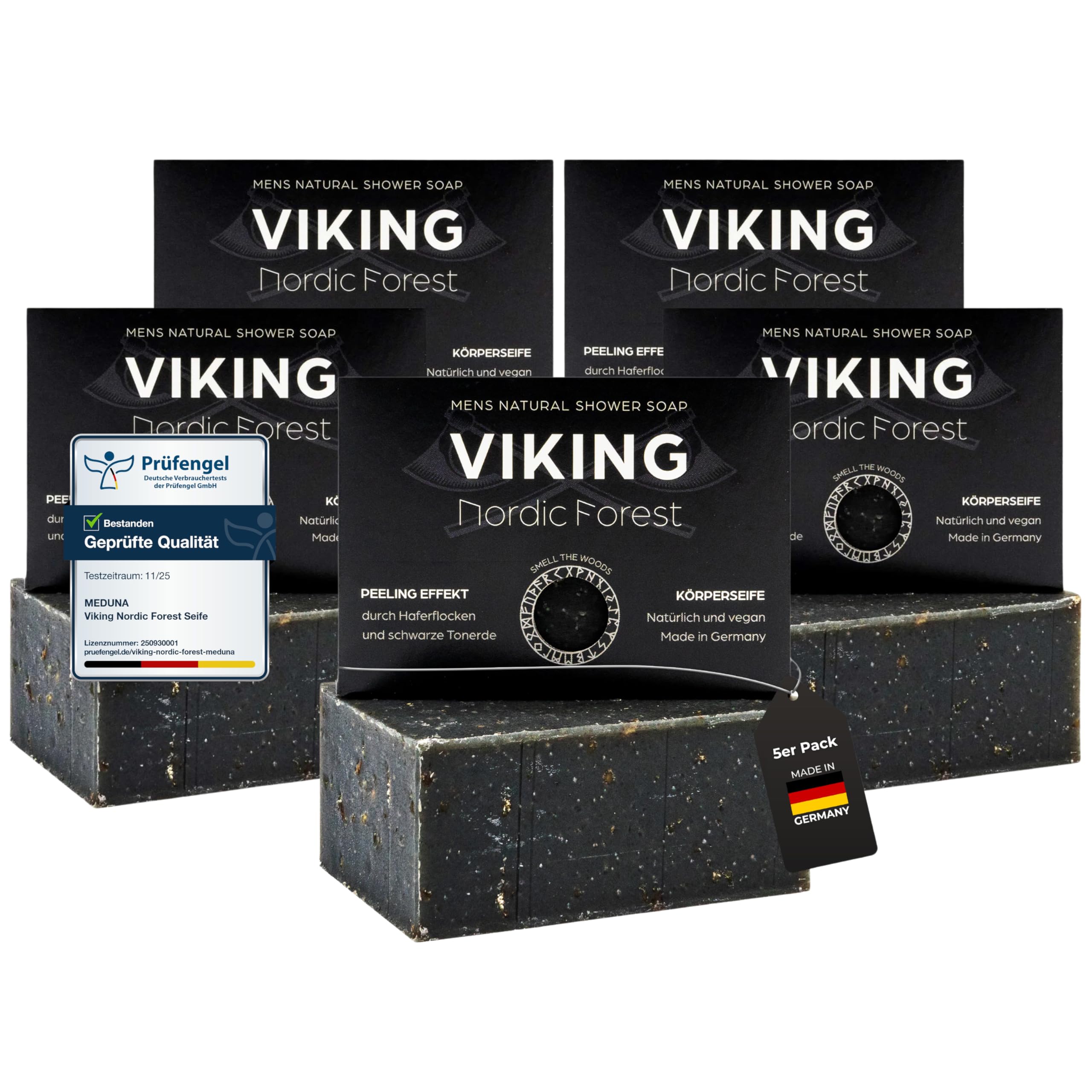 MEDUNA Peeling-Seife Viking Nordic Forest 5x100g - feste Naturseife - Handmade Soap - vegane Pflegeseife - Körperseife für alle Hauttypen - Bio-Kokosöl & Shea Butter Männerpflege - Made in Germany