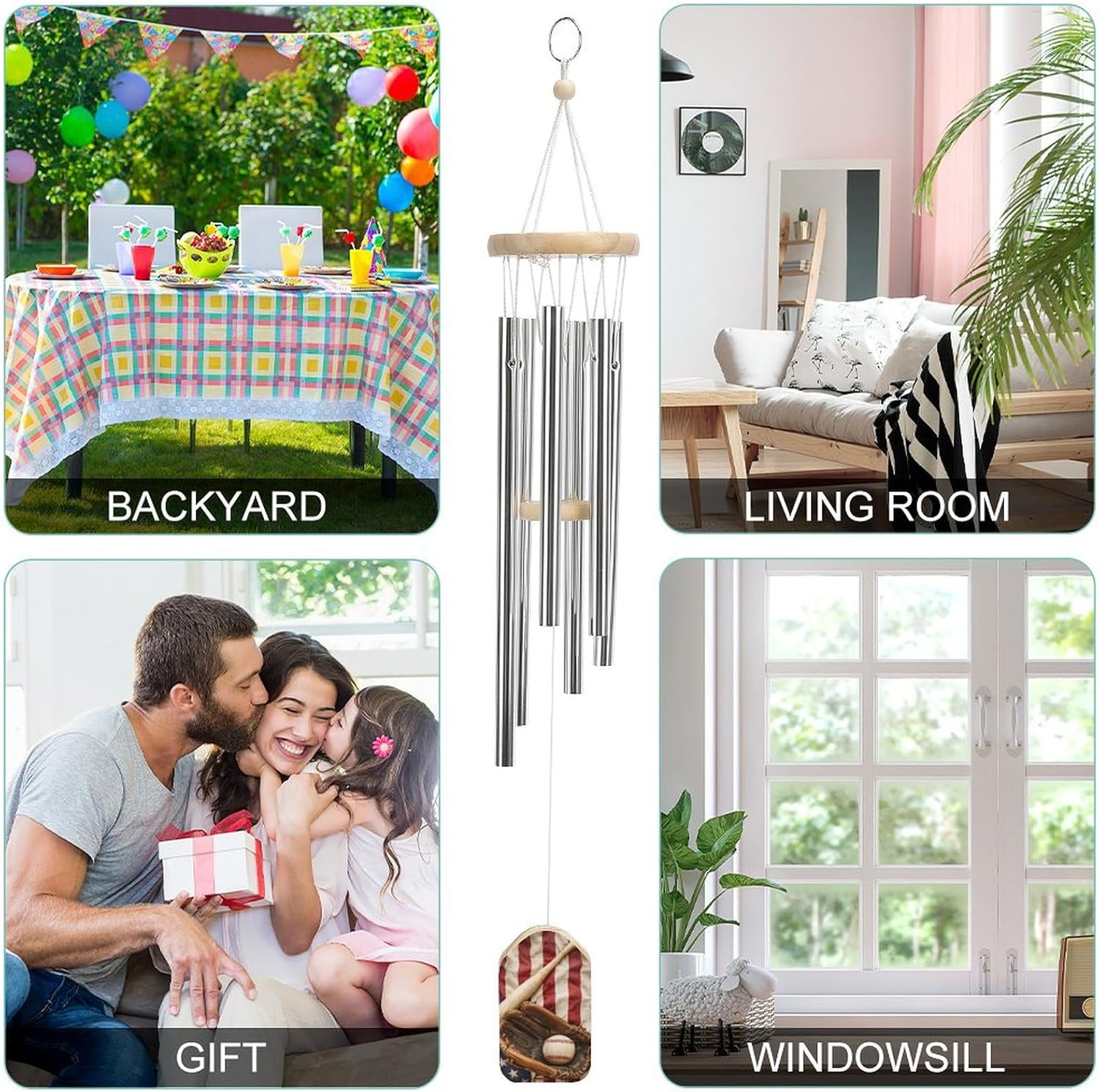 Baseball American Flag Wind Chimes for Outside with Relaxing Rich Sound, Memorial Wind Chimes Gifts for Mom,Great Gift for Your Own Patio, Porch, Garden, and Backyard