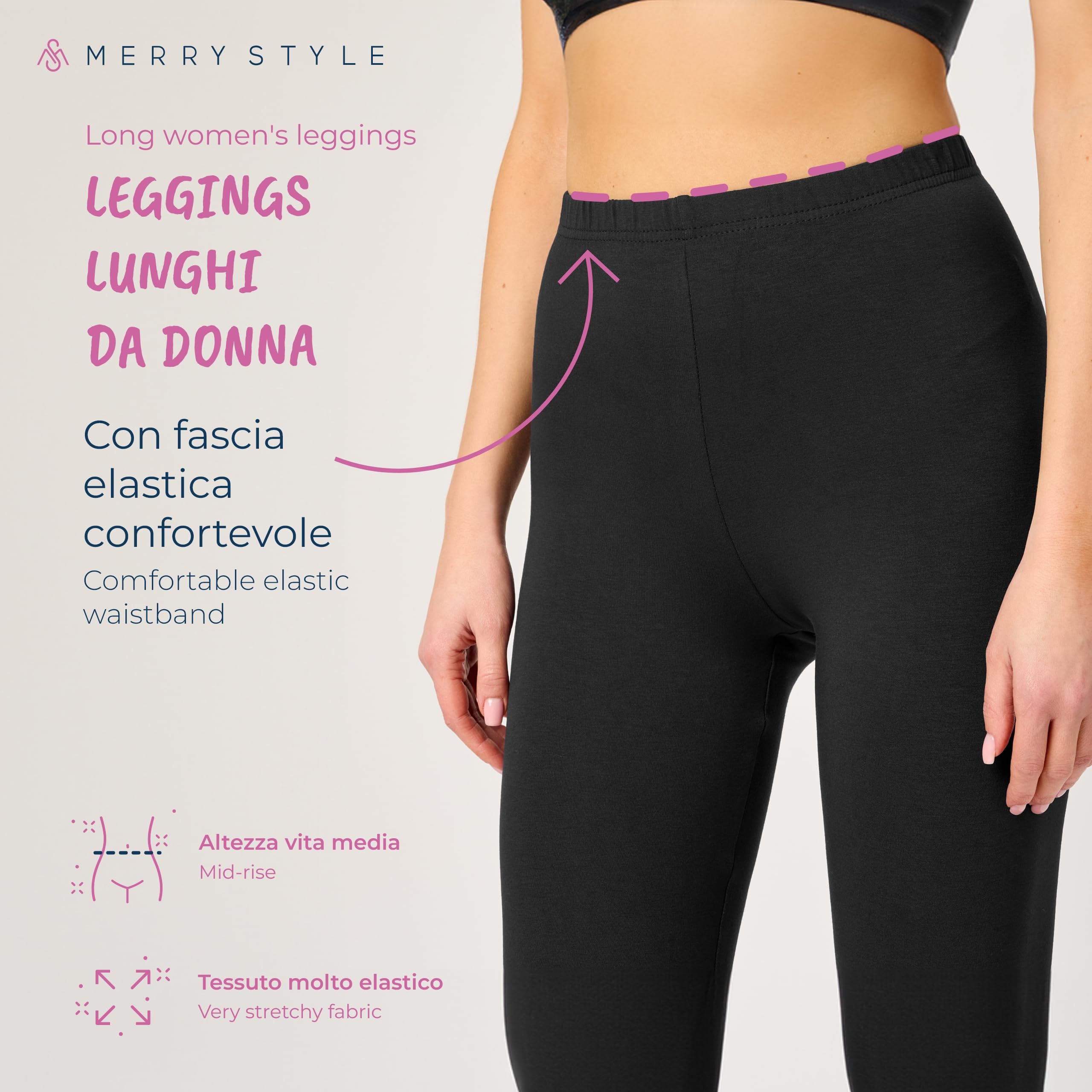 Merry Style Leggings Lunghi Donna in Viscosa con Elastan Ampia Pantaloni Donna Banda Elastica Leggins Donna per Casa Palestra Tempo Libero MS10-143