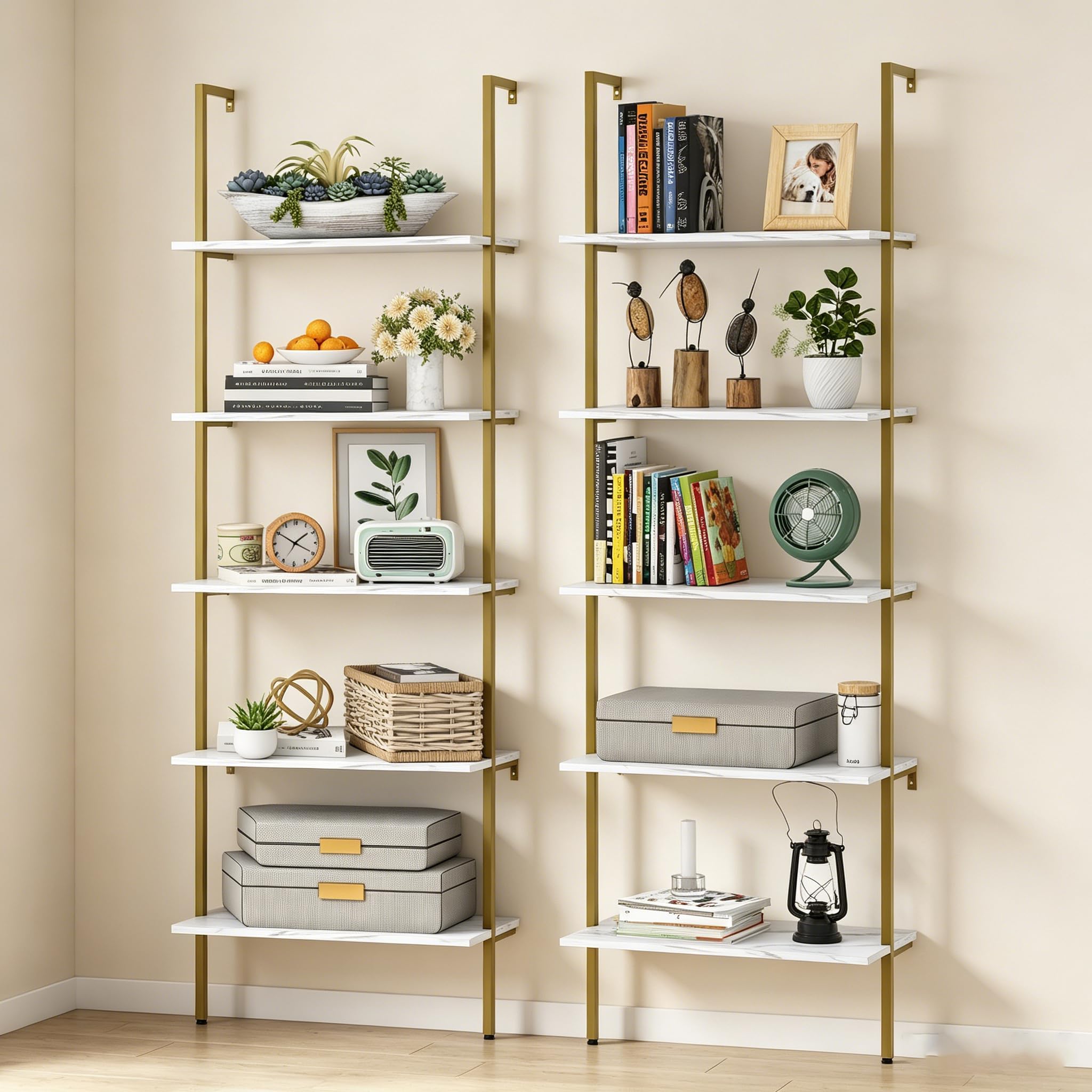 Wolawu Ladder Shelf 5 Tiers Wall Mounted Bookshelf 2-Piece White Marble Modern Bookshelf Open Tall Storage Bookcase Standing Leaning Wall Shelves Industrial Decorative for Home Office Living Room