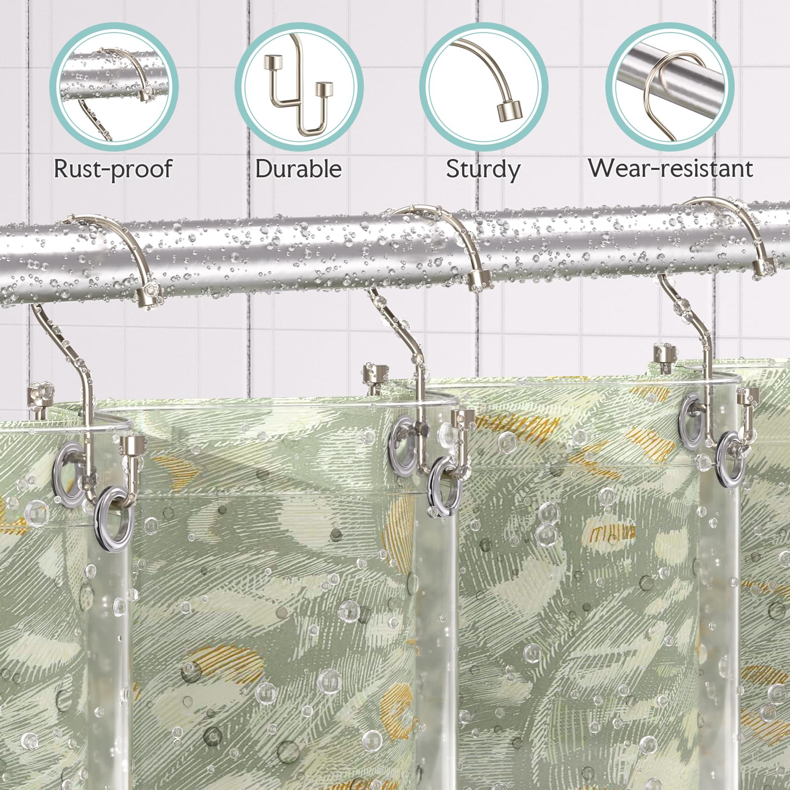 Bathway Lot de 12 crochets de rideau de douche double face en nickel antirouille, crochets de douche en métal lisse et robuste, anti-nœuds, design haut et bas, pour rideaux de douche et tringles
