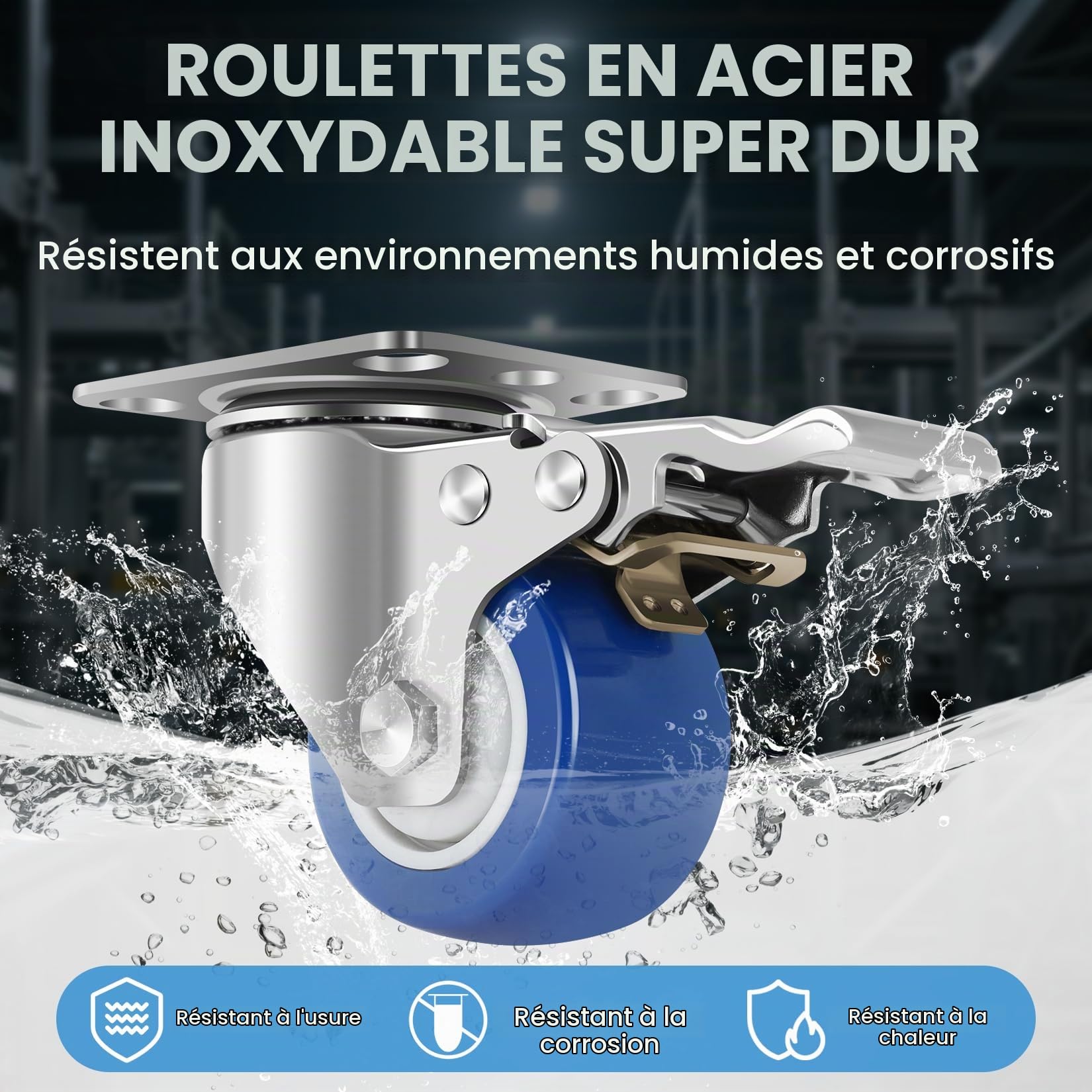 50mm Roulettes en Acier Inoxydable Charge Lourde avec Freins, Roulettes Petites Résistantes à la Chaleur pour Meubles, Capacité de 360kg, Roulette pour Usage Industriel et en Plein Air