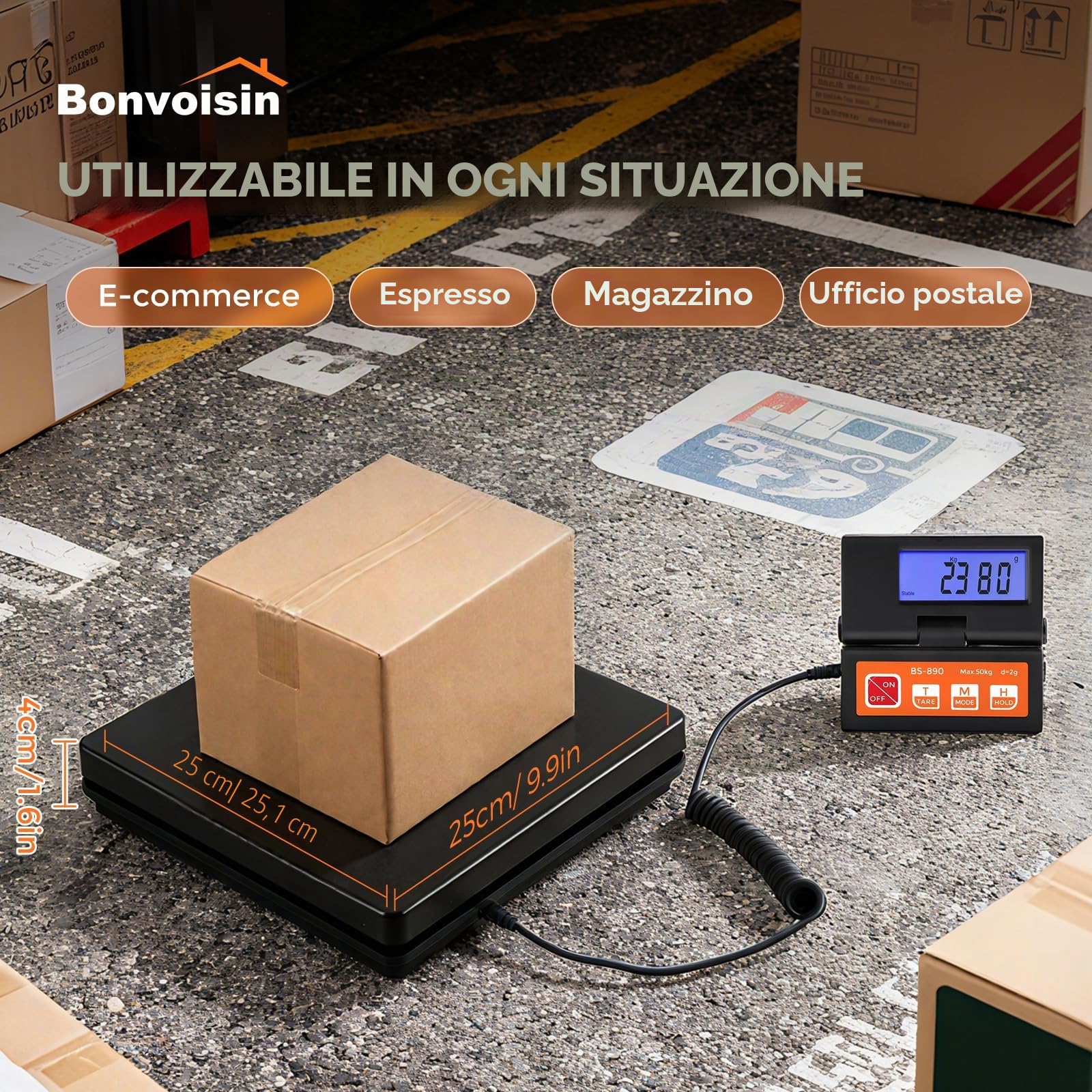 Bonvoisin Bilancia postale digitale 50 kg 110 lb 2 g display LCD separato batterie AAA adattatore UE inclusi g kg oz lb indicatore stabile Hold