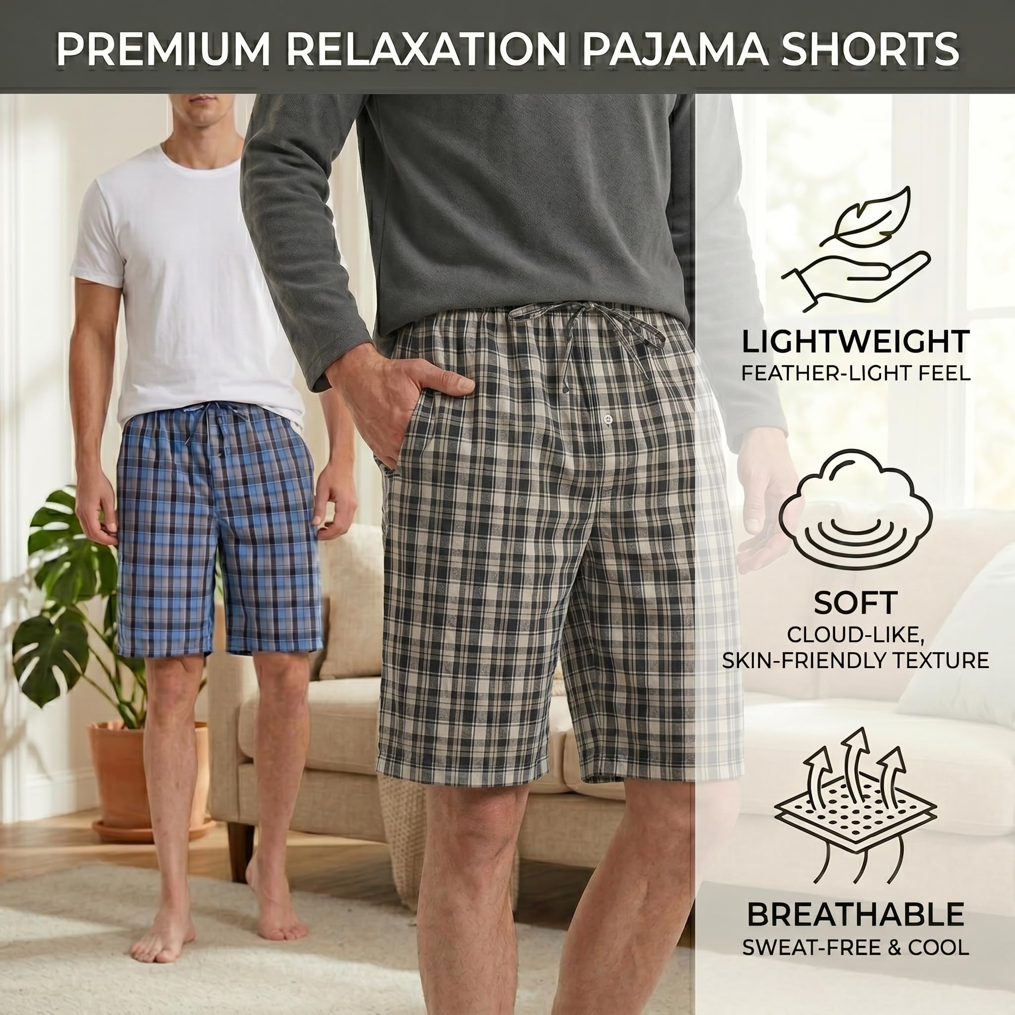 YUSHOW Pantaloncini Pigiama da Uomo Cotone a Quadri Pantaloni Corti Casual da Casa Comodo e Morbido Loungewear Pacco da 2