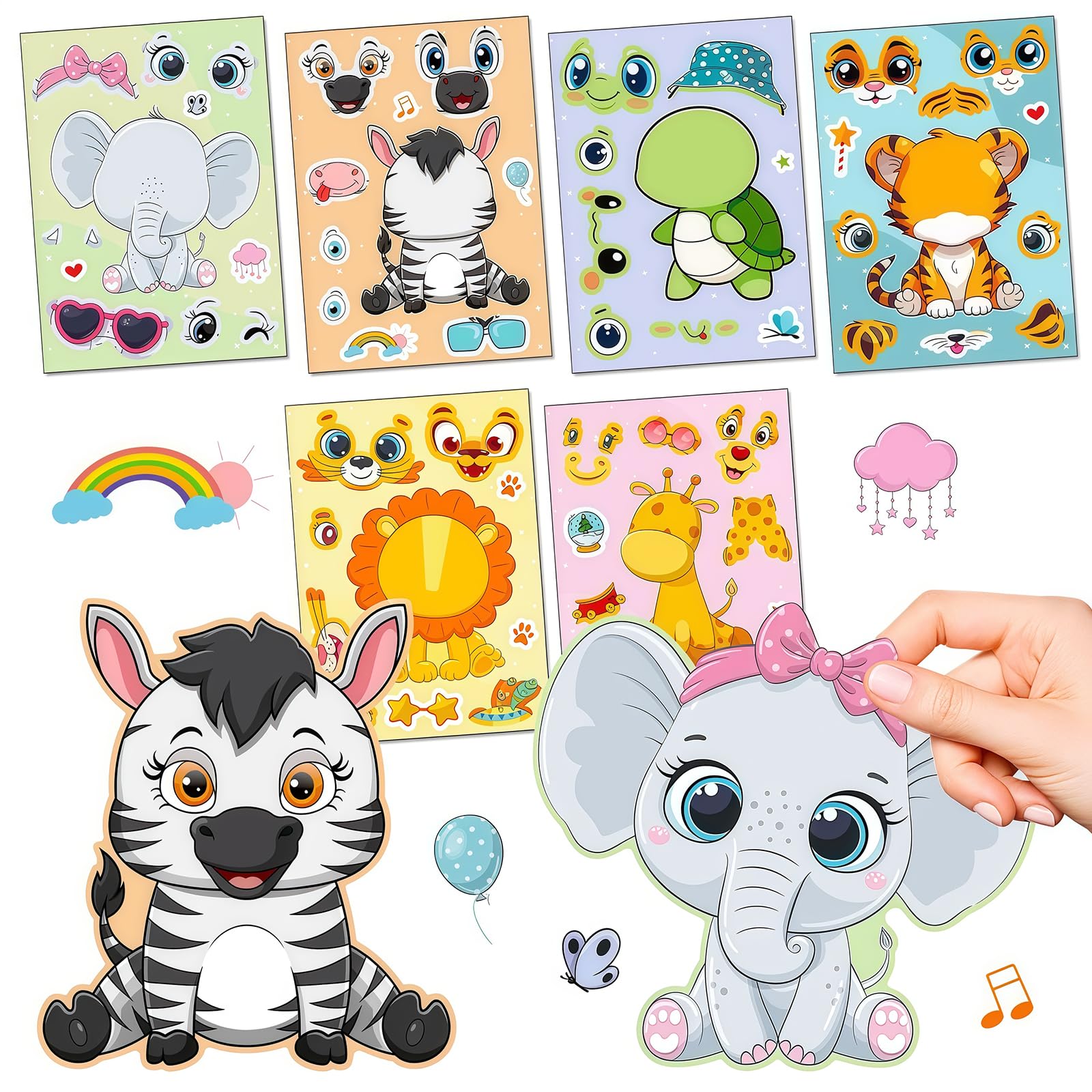 12 Sheets Cartoon Make a Face Stickers for Kids, Make Your Own DIY Animal Stickers with Elephant, Zebra, Lion, Tiger, Giraffe, Turtle for Crafts Birthday Party Supplies Gifts — image 1