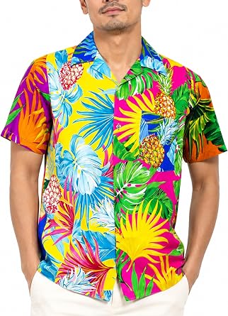King Kameha Men s Hawaiian Shirt Short Sleeve   Aloha Summer Shirt with Pineapple Leaves Print, Lightweight and Easy Care