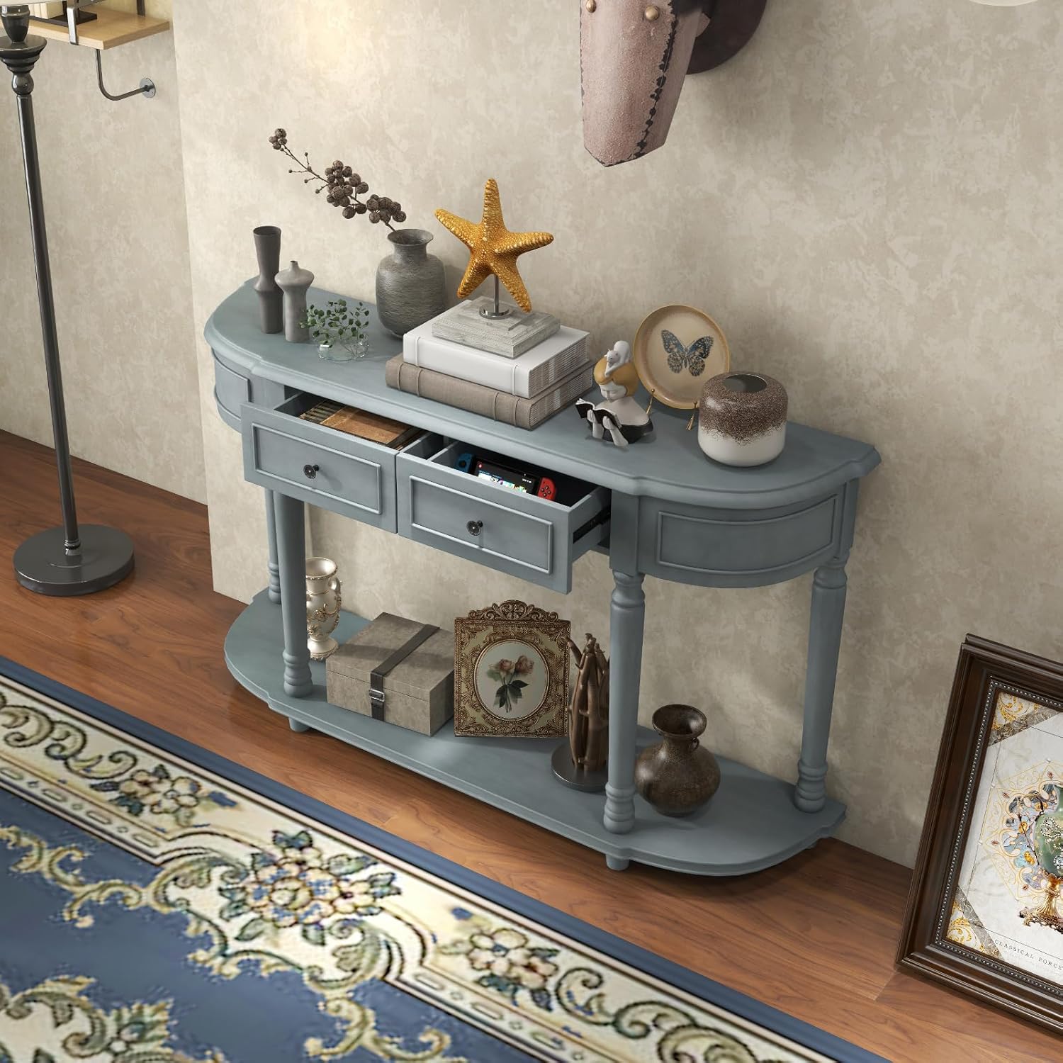52" Blue Wood Console Table with Storage Drawers and Shelf