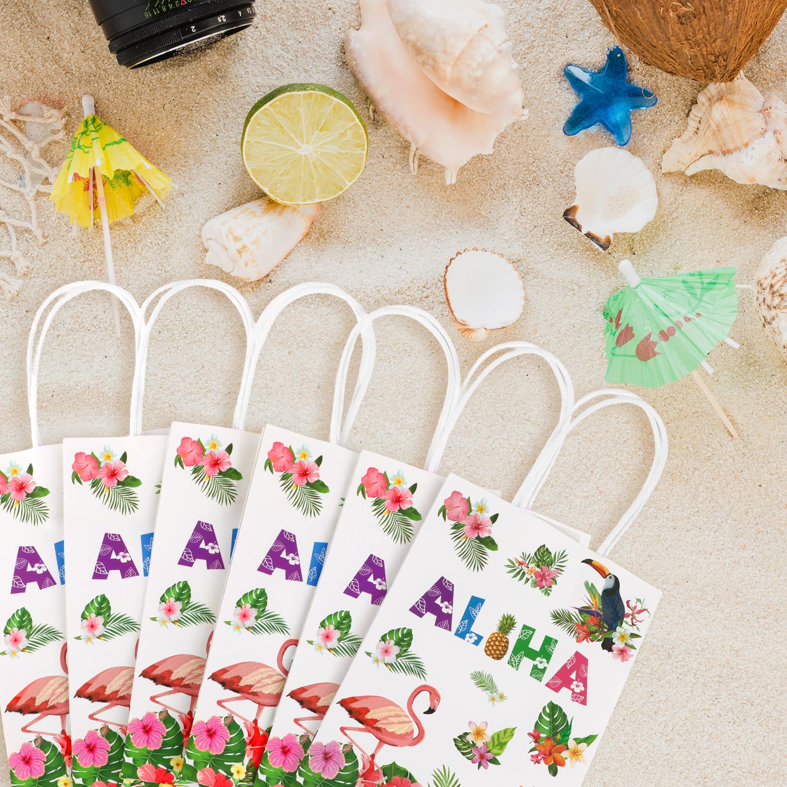 Hxezoc 12 Pieces Hawaiian Gift Bags with Handle, Paper Treat Luau Candy Bag Summer Tropical Palm Leaf Favor Bags for Hawaiian Theme Festival Luau Holiday Party Decoration Supplies