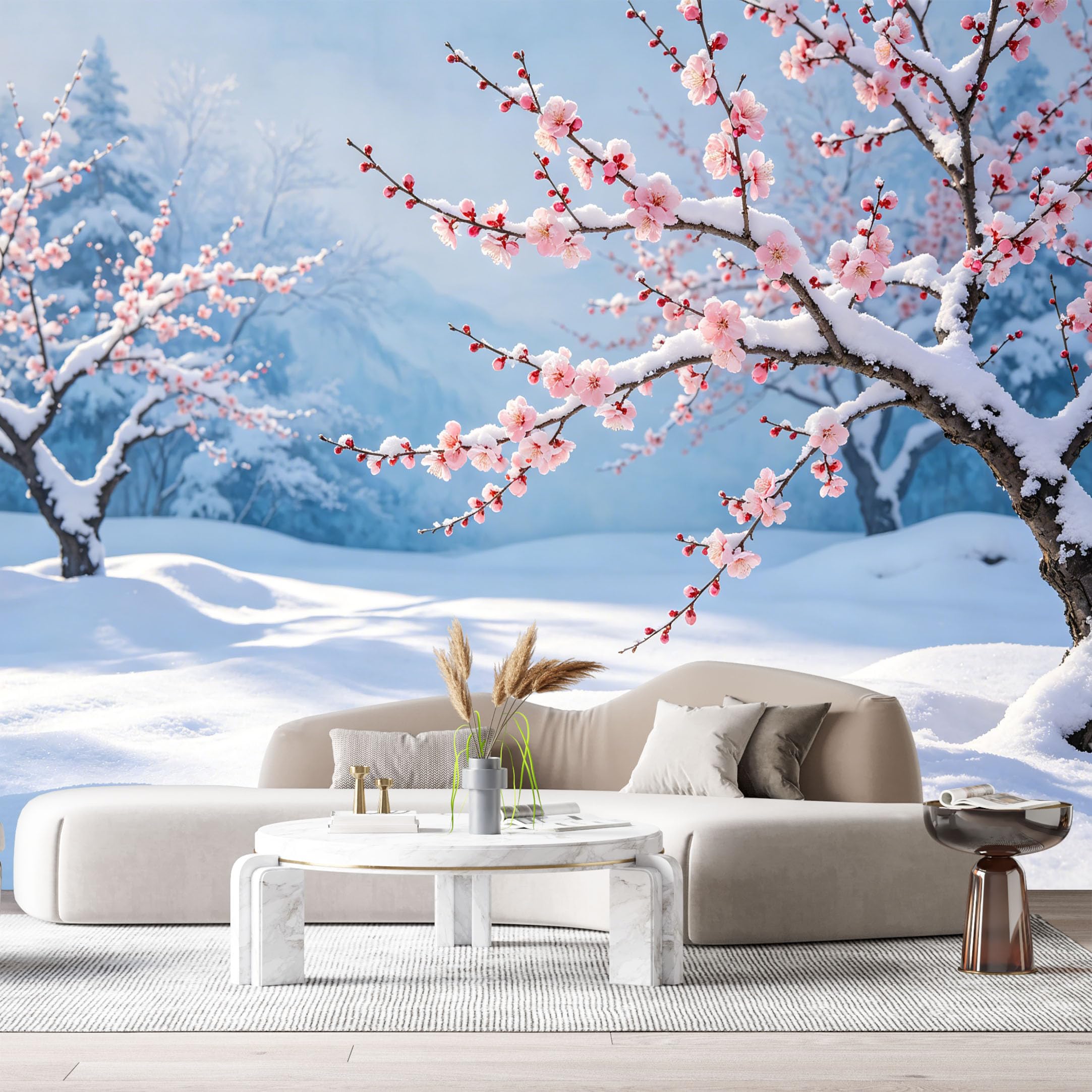 Custom Size Wall Murals Snowy Cherry Blossom Landscape Mountain Scenery Watercolor SelfAdhesive Wall Fabric Removable Large Wallpaper for Photo Living Room