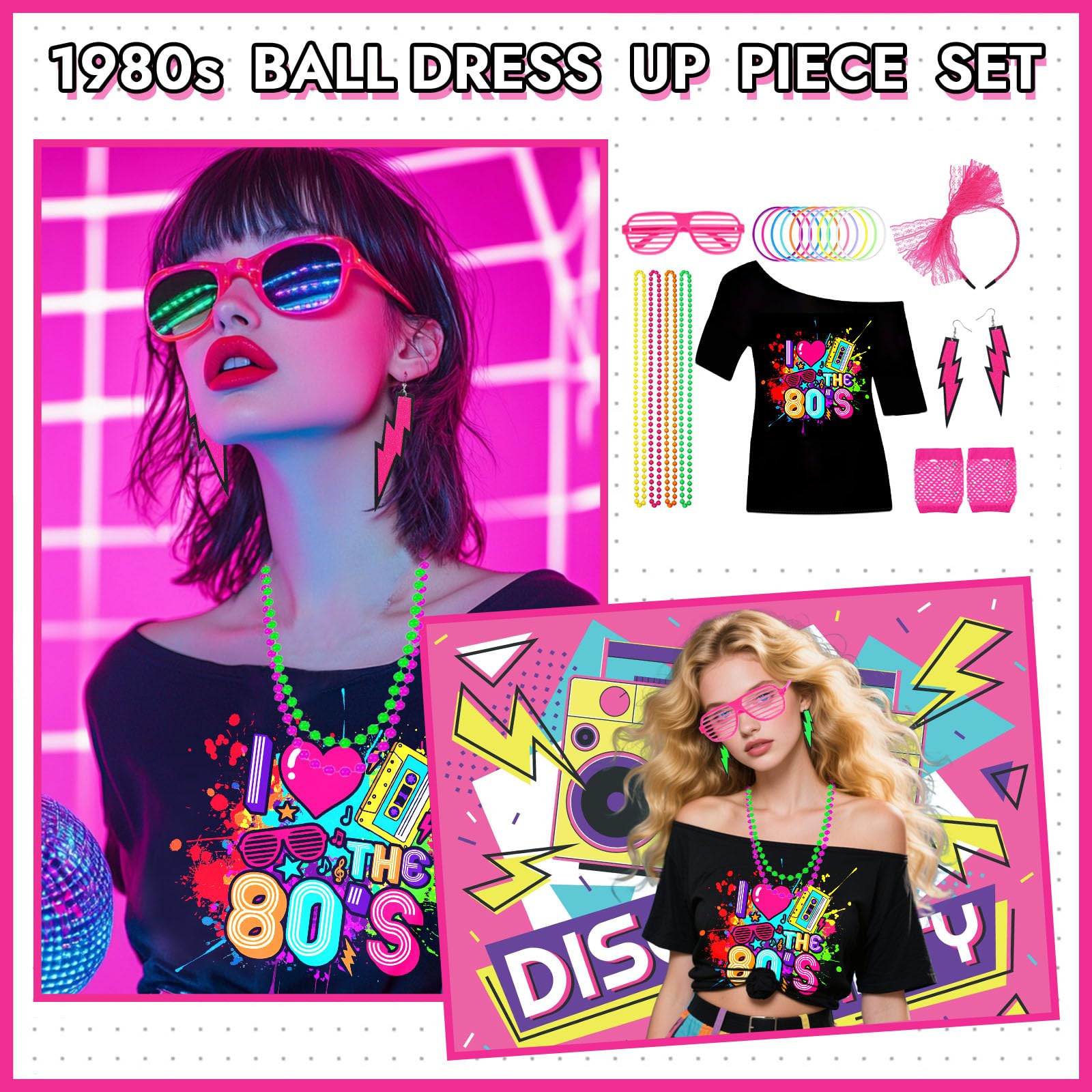 80s Fancy Dress Costume Accessories Lace Headband Earrings Fishnet - View #2