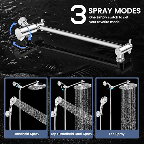 Miniatura 5 de FEELSO Combo de cabezal de ducha de alta presión de 10 pulgadas con rociador de mano, 16 ajustes, brazo ajustable de 11 pulgadas, interruptor de
