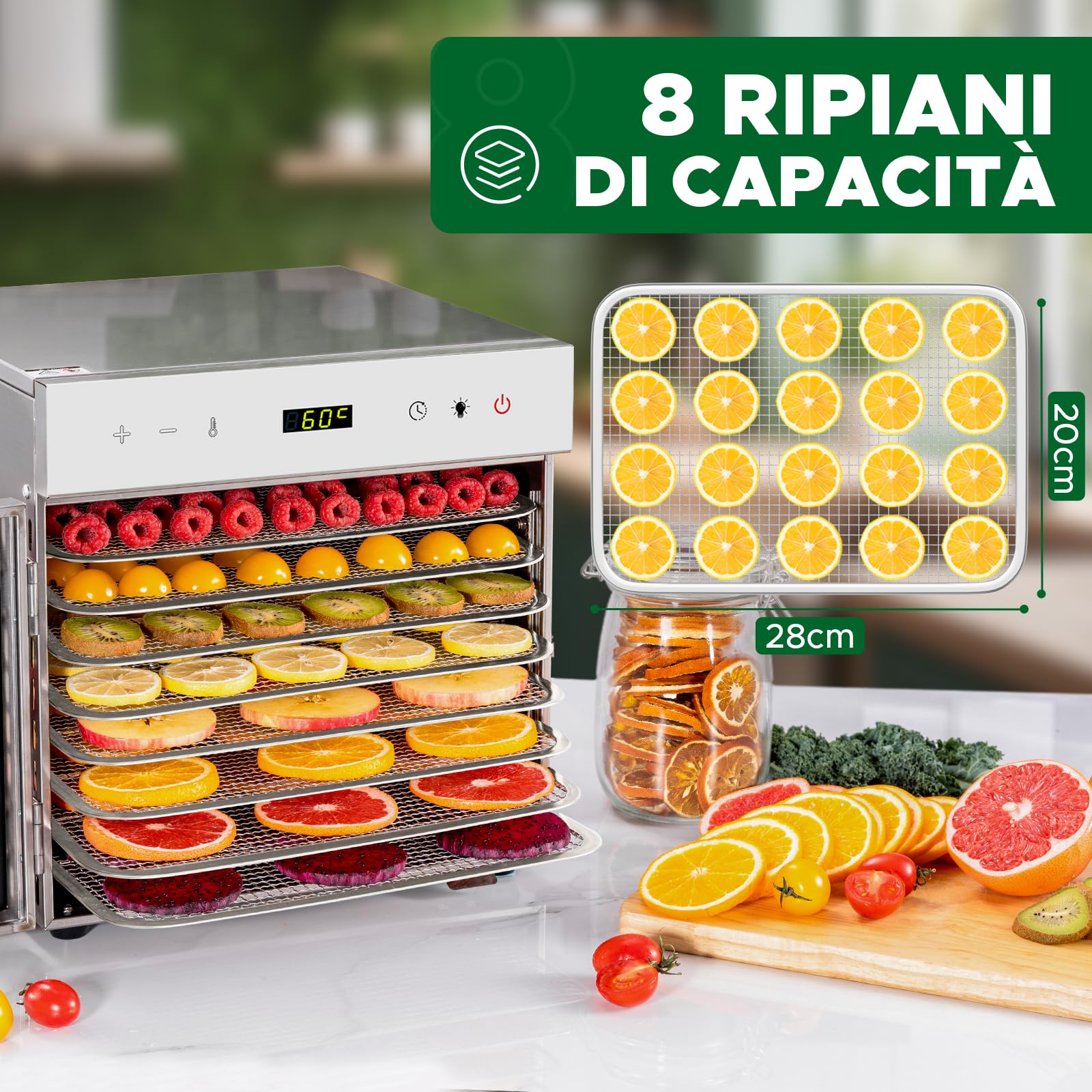 Kwasyo Essiccatore Alimentare Professionale in Acciaio Inox, 8 Vassi, 67 Ricette,di Temperatura da 30 a 90℃, Funzione Timer fino a 24 ore, Senza BPA, Disidratatore per Frutta, Carne, Verdure, Erbe
