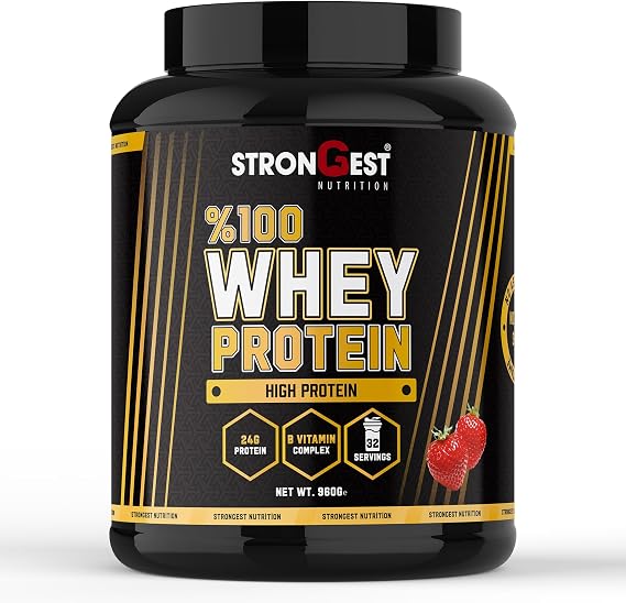 STRONGEST Whey Protein 960 Gr 32 Serving Flavored 100% Whey Protein Powder (960, Strawberry)