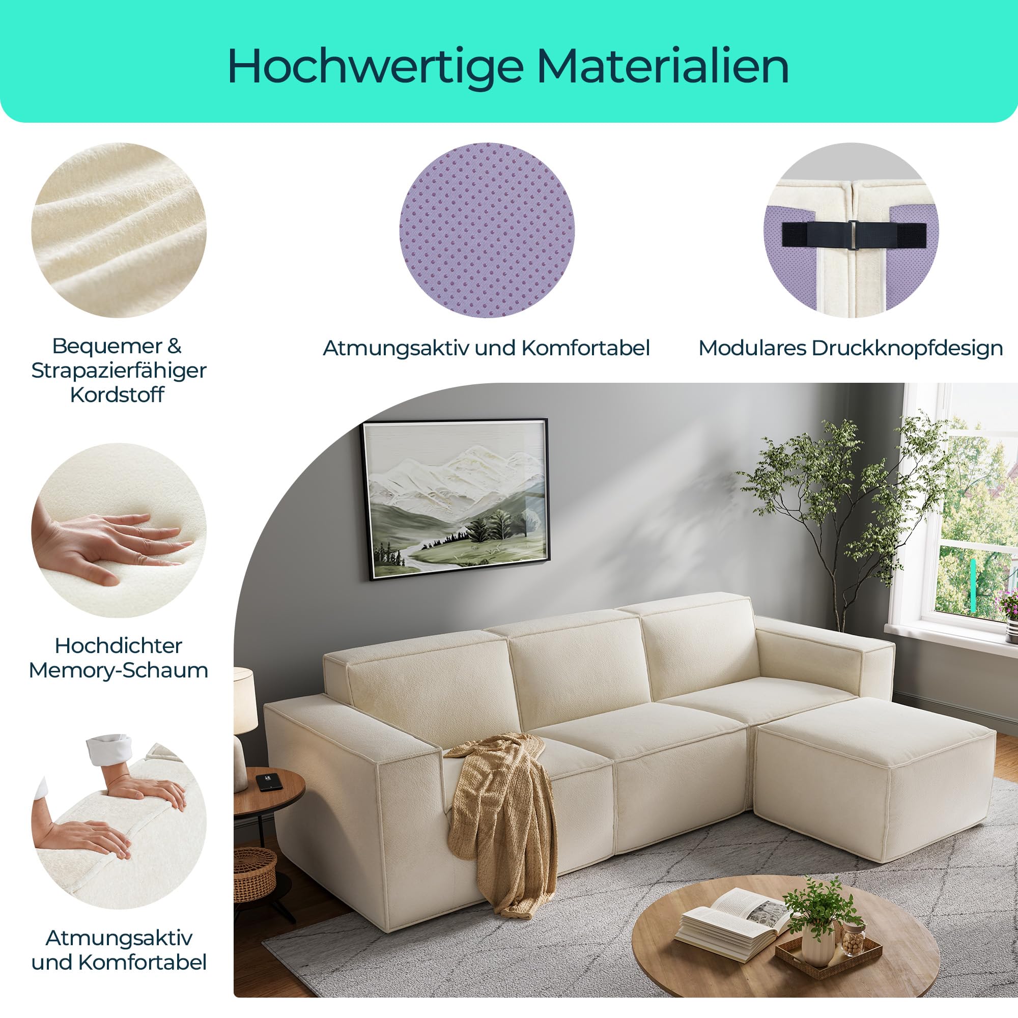 LINSY HOME Sofá de Esquina con función de Dormir - Sofá Cama Modular de 266 cm, sofá en Forma de L, sofás seccionales para salón, no Requiere Montaje (Chenilla, Blanco, 3 plazas con otomana)