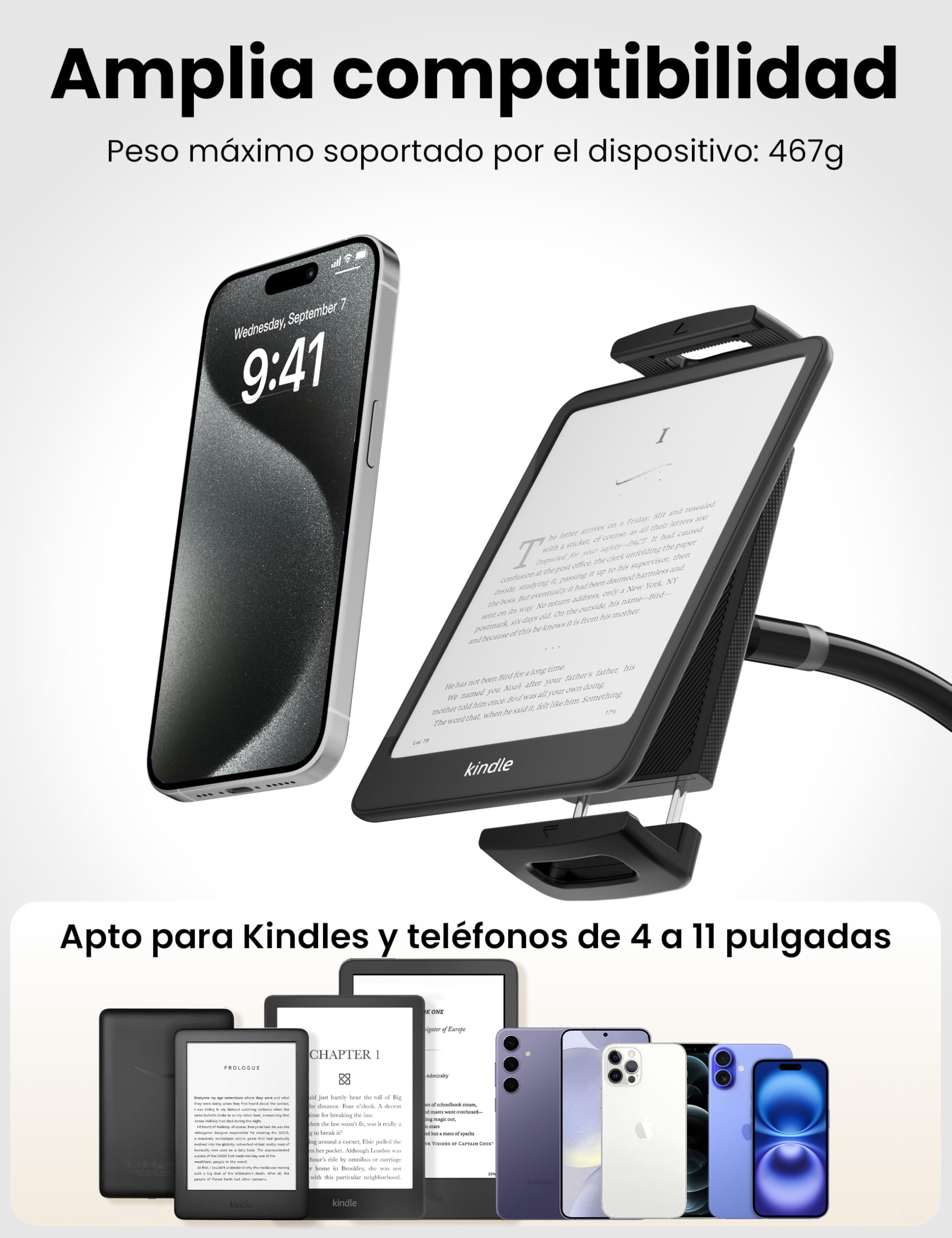 VOLTIFYMAX Soporte para Tablet con Pasapáginas Kindle para Leer en la Cama, Brazo Ajustable de Cuello de Cisne para Accesorios Kindle/Tabletas/iPhone 4.7''-11'', Ideal para Entusiastas de E-readers
