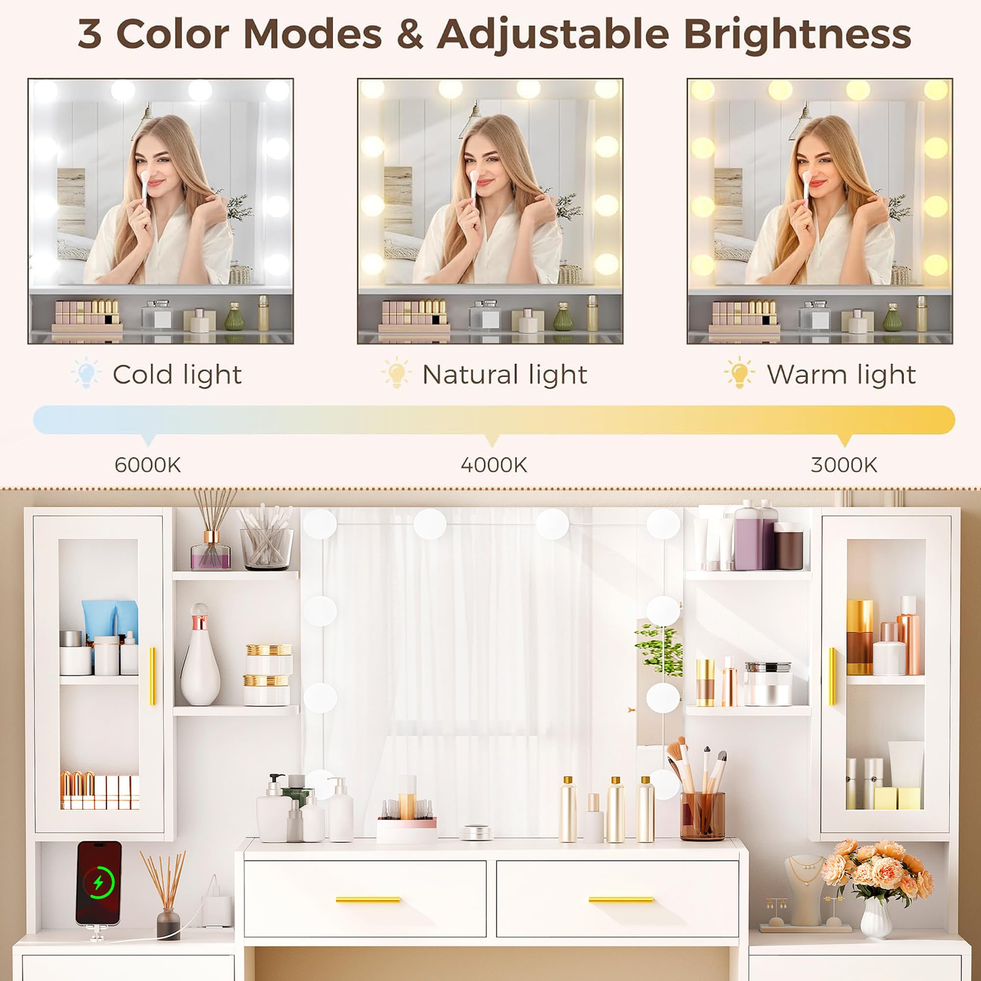 BEWISHOME Grande Toeletta Trucco con Specchio e Luci LED, Luminosità Regolabile, Postazione Trucco con Multipresa, Tavolo da Trucco Moderna con 8 Cassetti e Ripiani Aperti, Bianco, EFST65W