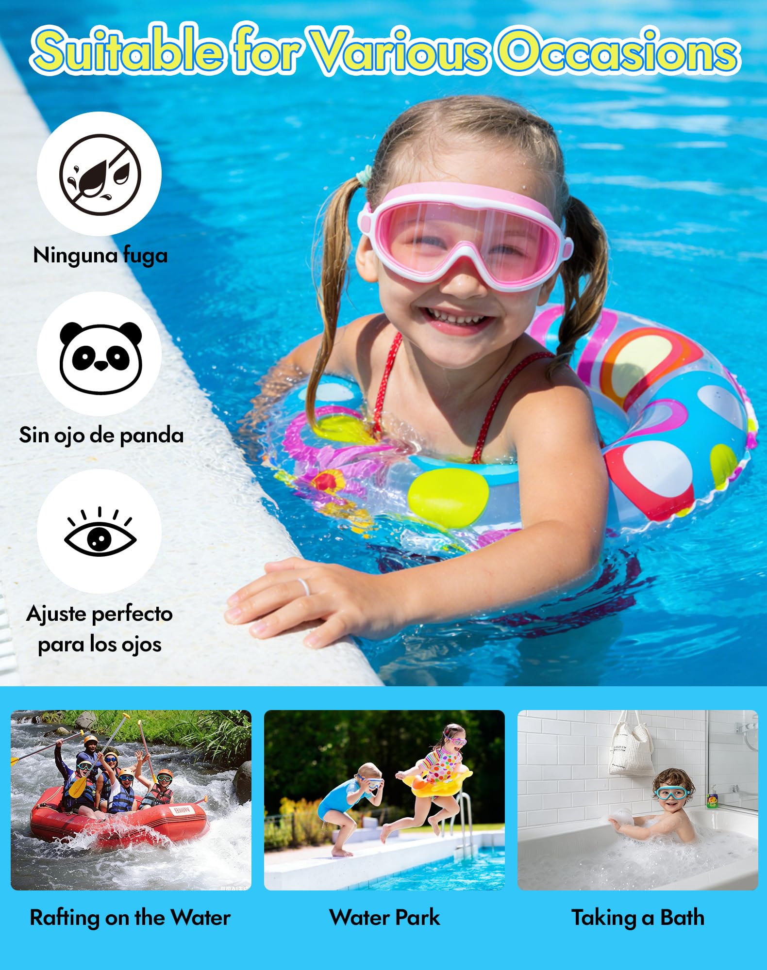 Swimbi Splsh Vision Brille, Blumi Baby Splashyeyes Goggles, Anti-Fog & UV Kinder Schwimmbrille mit Ohrstöpseln & Nasenklammer, Weitsicht Schwimmmaske für Kinder 3-14