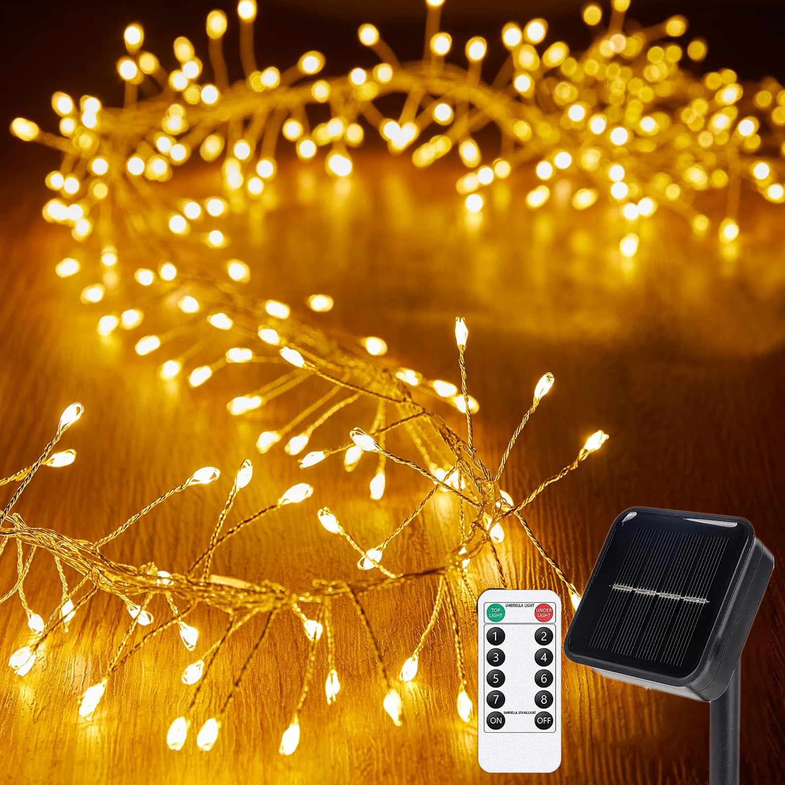 Solar Lichterkette Aussen, Wasserdicht Kupferdraht Cluster Lichter Solar Feuerwerk Lichterkette mit Timer Fernbedienung für DIY Balkon Weihnachten Hochzeit Party Décor (Warmweiß, 12m 400LED)