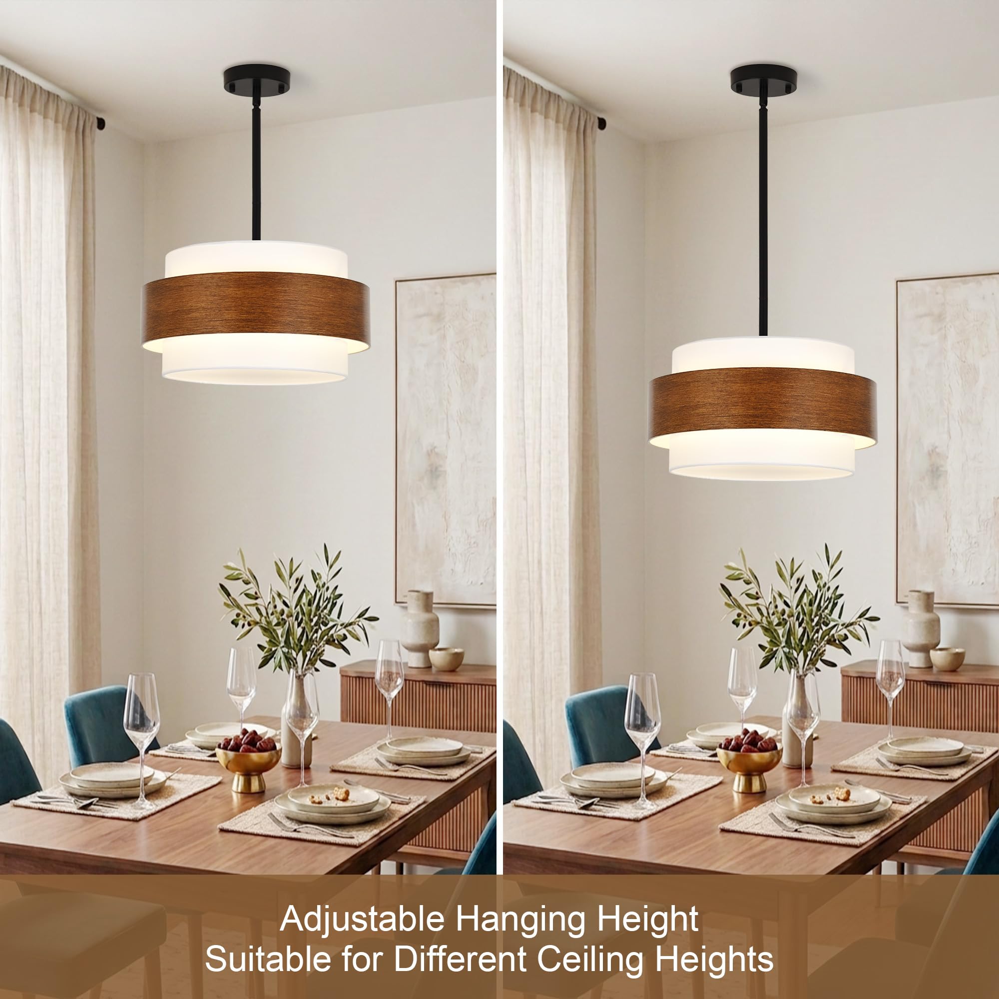 Lustre Teinte Bois, Lustre Moderne à 4 Lumières Rond en Forme de Tambour