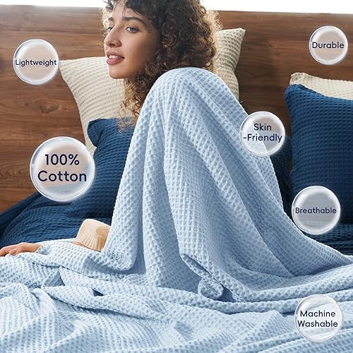 Miniatura 3 de PHF - Cobija tejida en punto gofre, de 100% algodón, decorativa, de 50 x 60 pulgadas, ligera, lavada, suave, acogedora, transpirable, para sofá y