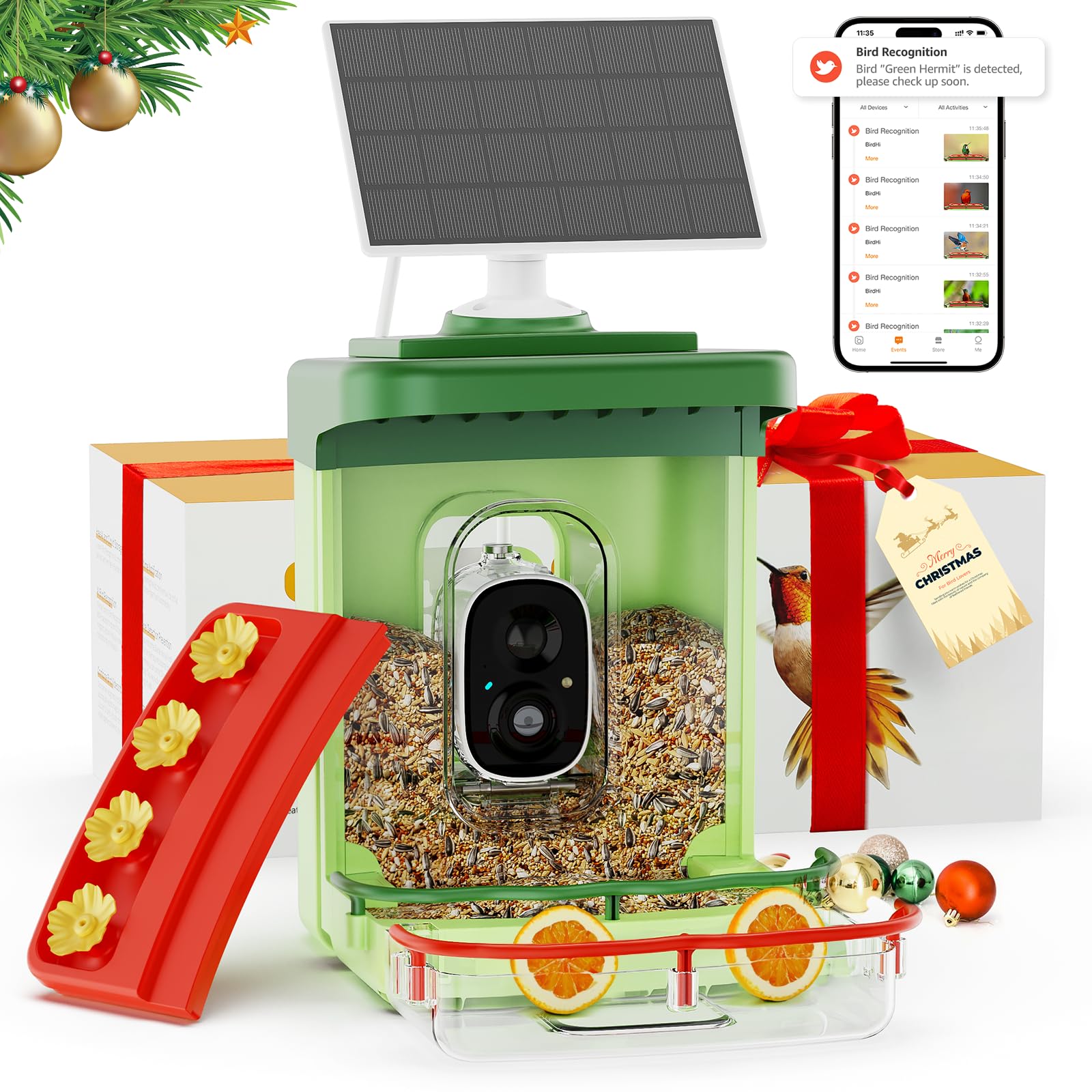 Smart Bird Feeder with Camera Solar Powered Only 2.4G WiFi Compatible, Lifetime Free AI Bird Feeder Camera 2.5K Motion Activated Wireless Outdoor with Hummingbird Feeder, Ideal Gift for Bird Lovers