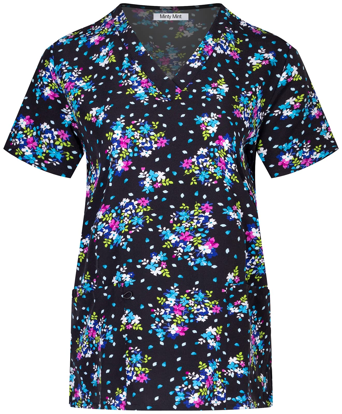 Minty Mint Women's Stretch Printed V-Neck Medical Scrub Top d5cb Black Floral S