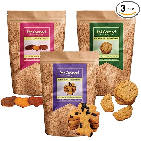 Pet Connect Hand-Baked Gluten Free Dog Biscuits Blueberry+Coconut+Peanutbutter-Carob(Pack of Three)