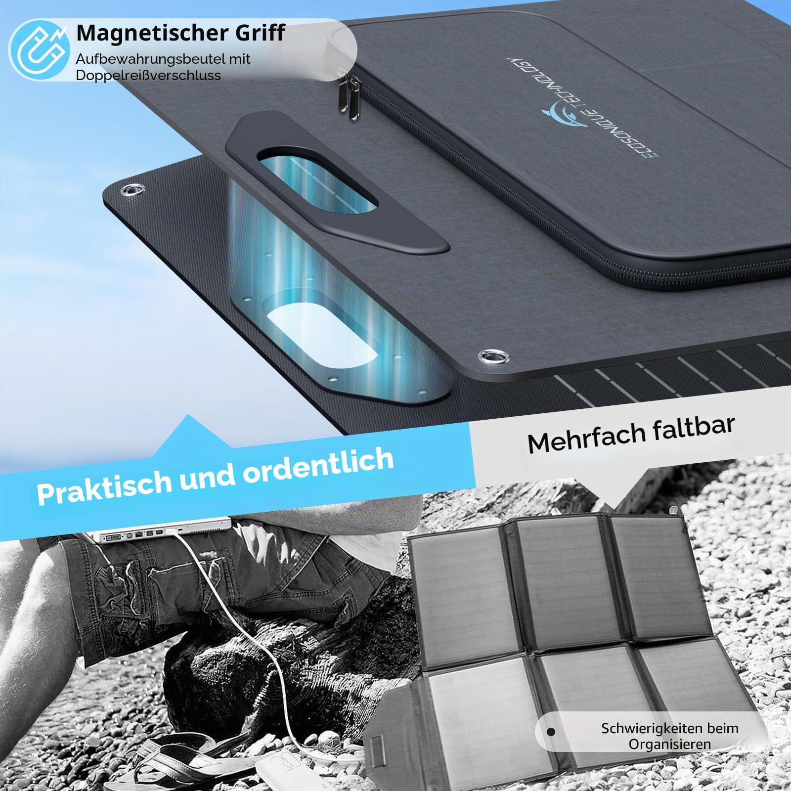 Ecosonique 60W Solarpanel mit Abnehmbarem Power Hub, 18V MC-4/12V DC/USB-A & USB-C Solar Charger mit Kickstand, ETFE & Handle Tragbare Solarmodule zum Camping