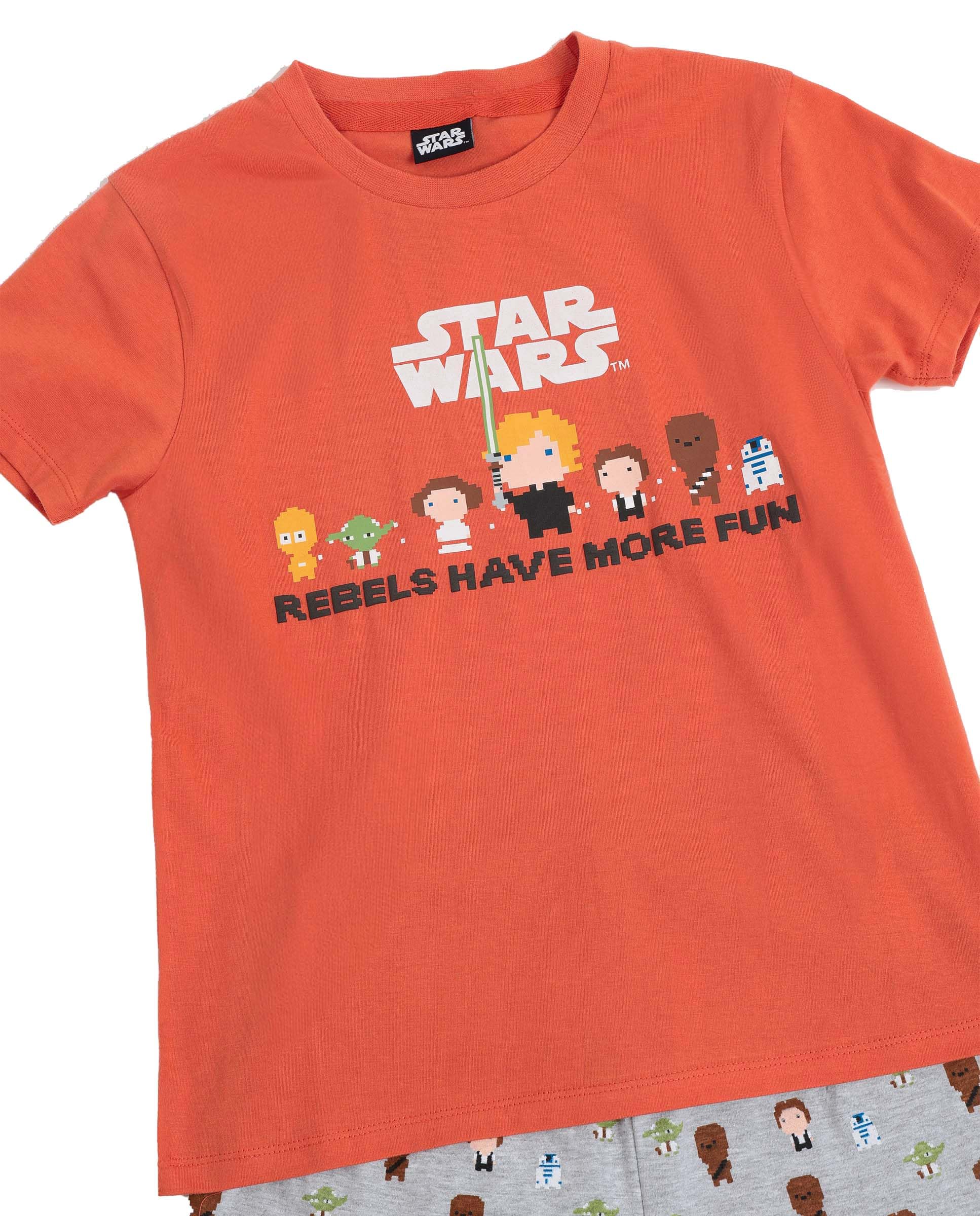 Star Wars Pijama niño Manga Corta Pixel Wars en algodón, Cuello Redondo y Camiseta con Relieve, pantalón Corto Estampado con Cinturilla Ajustable y Bolsillo Trasero