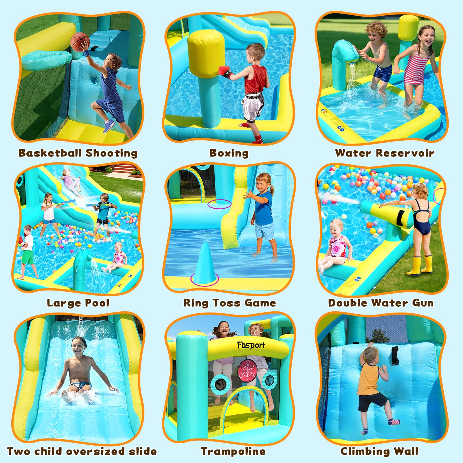 FBSPORT Castello Gonfiabile 10-in-1, Scivolo d'Acqua Castello Gonfiabile con Soffiatore 480W, da Giardino per Bambini con Piscina di Schizzo, Utilizzo Interno ed Esterno