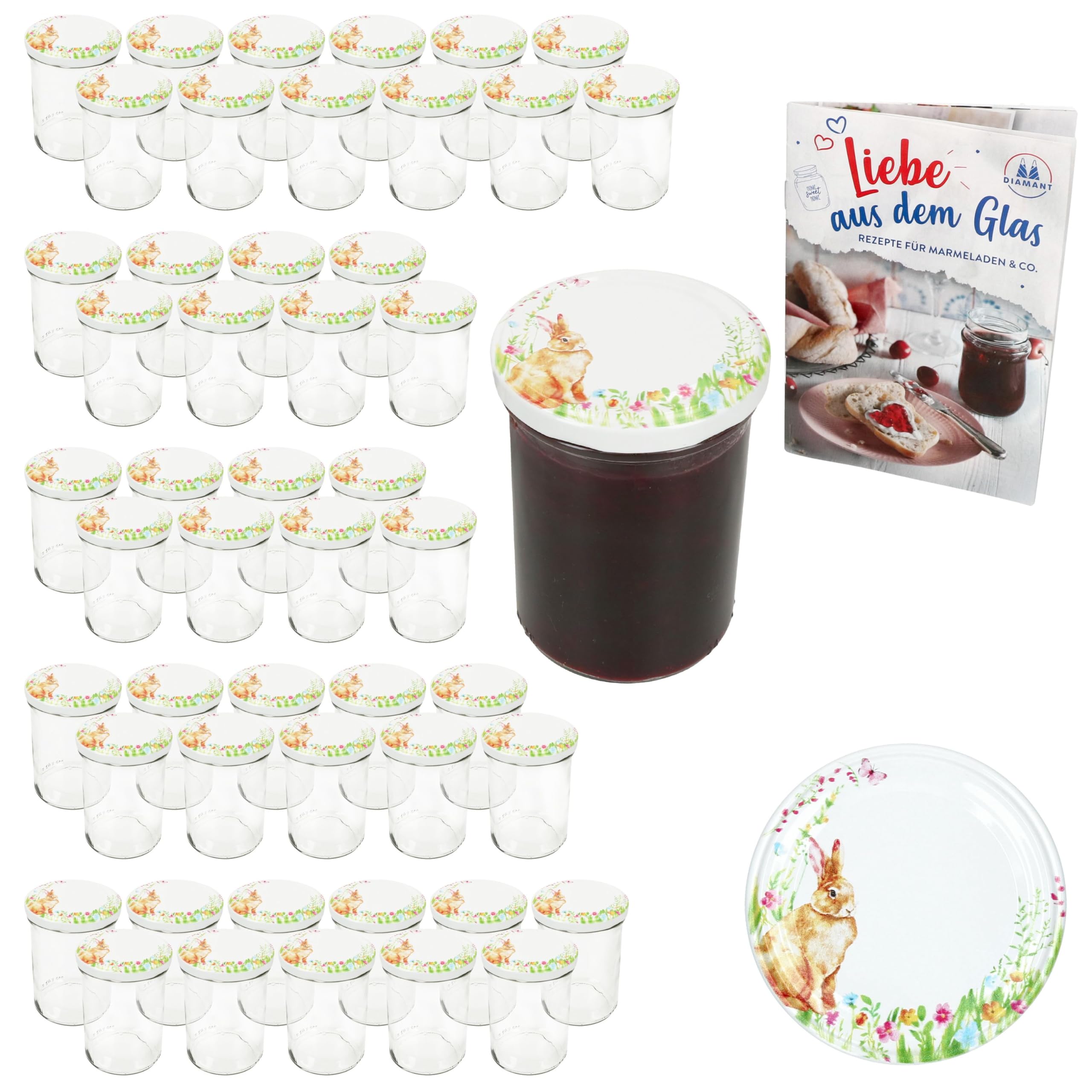 MamboCat 50er Set Sturzglas 435 ml mit to 82 Schraub-Deckel Osterfreude I mit Hasen & Blumen, Ostern I Einmachgläser + Diamant-Zucker-Rezept-Heft I Vorratsgläser einkochen