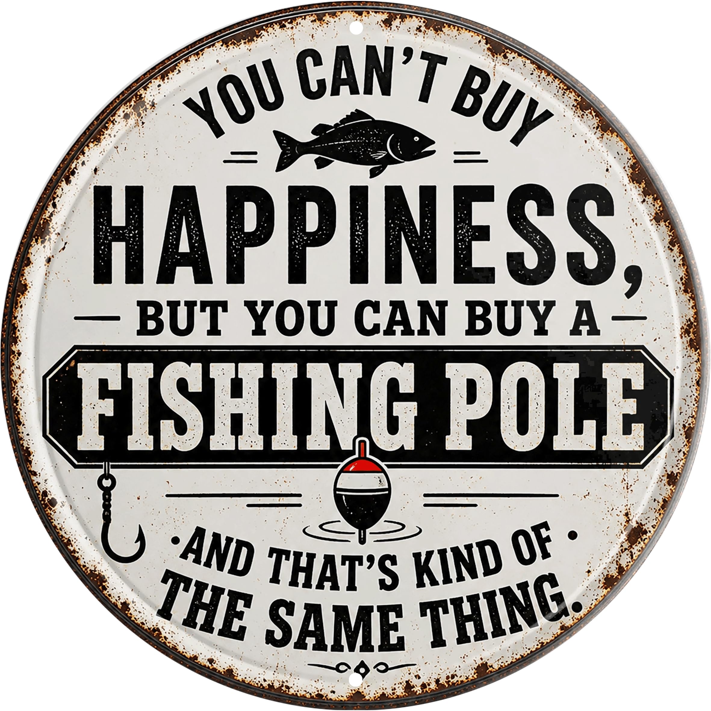 Aimlayton Fishing Pole Happiness Metal Sign 8x8in Round Fishing Humor Plaque for Man Cave Wall Decor Angler Gift