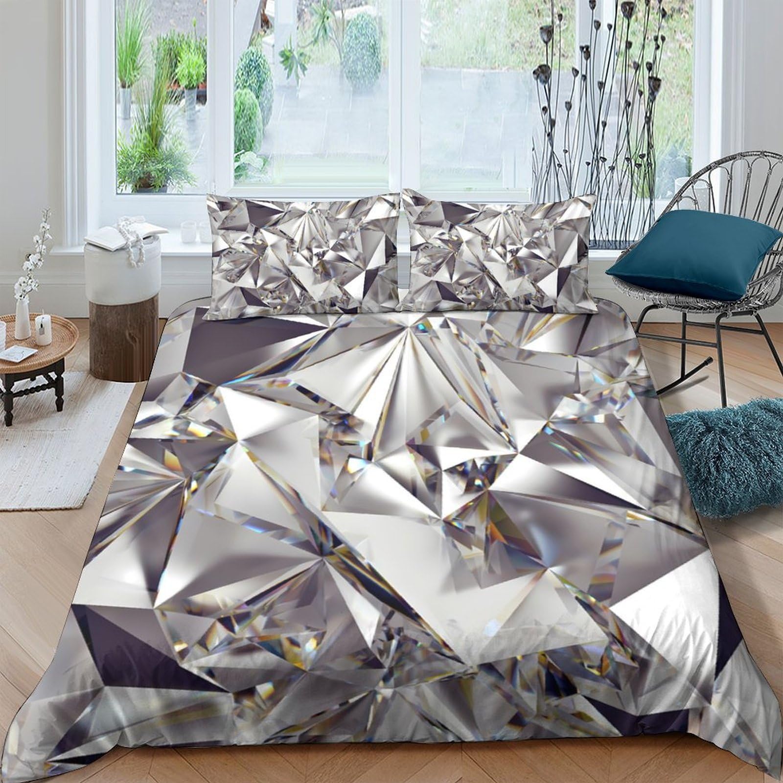 Ctjqhvkz Style-8 3D Printed Diamond Crystal Fitted Sheet Microfiber Soft Silver Polygon Bed Cover For Bedroom Guest Room Decor Single（135X200cm）
