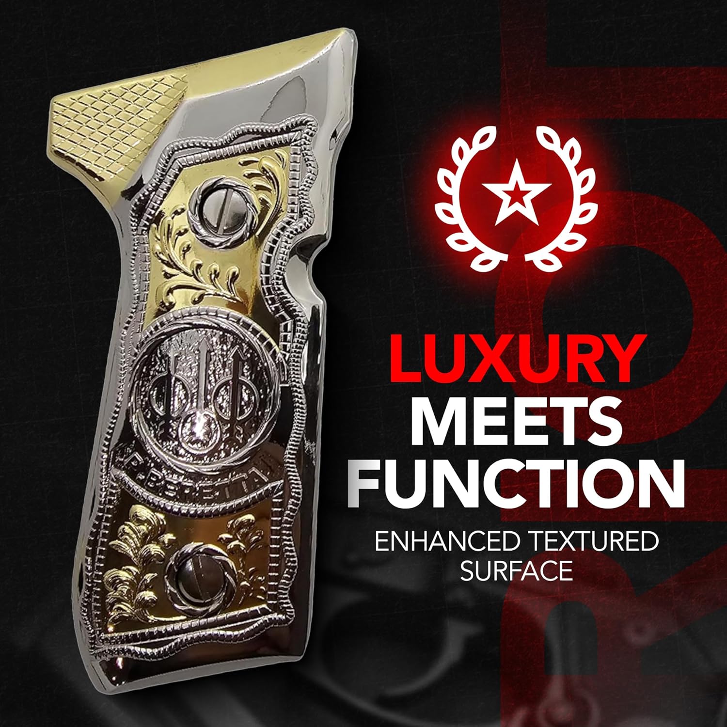 Custom Metal Grips for Beretta 92 / 92F / 92FS / 96 / M9 Series, Two-Tone Nickel & Gold Plated Zinc Grip Panels, Ornamental Engraved Design, Textured Surface, Matching Screws Included