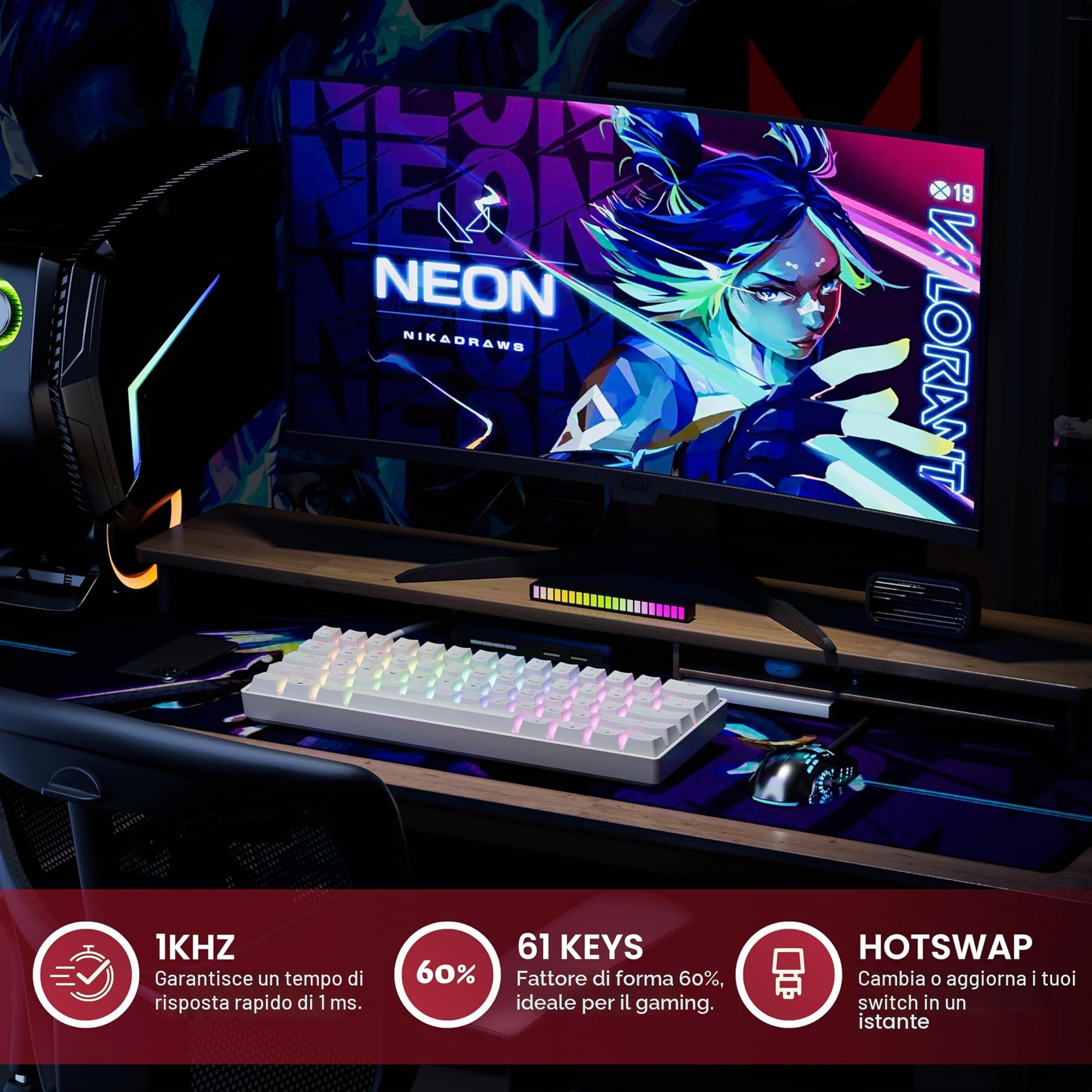 HKKB GK61 Mechanical Gaming Keyboard 60 Percent | 61 RGB Rainbow LED Backlit Programmable Keys | USB Wired | For Mac and Windows PC | Hotswap Gateron Optical Yellow Switches | White