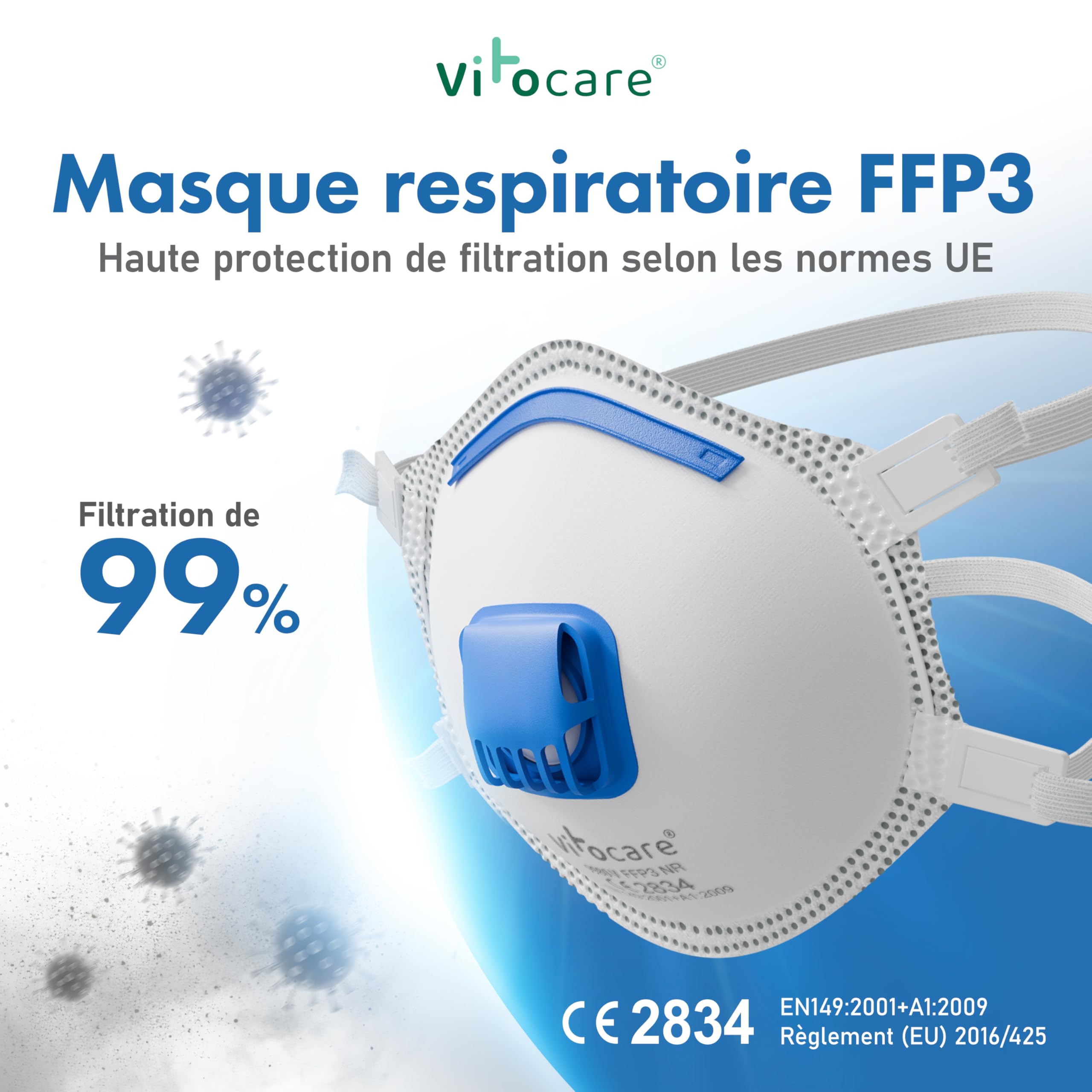 Masque FFP3 avec valve au choix 5x, 10x ou 20x masque de protection respiratoire avec arceau nasal réglable, forme ergonomique, microfiltre aérosol, masques respiratoires