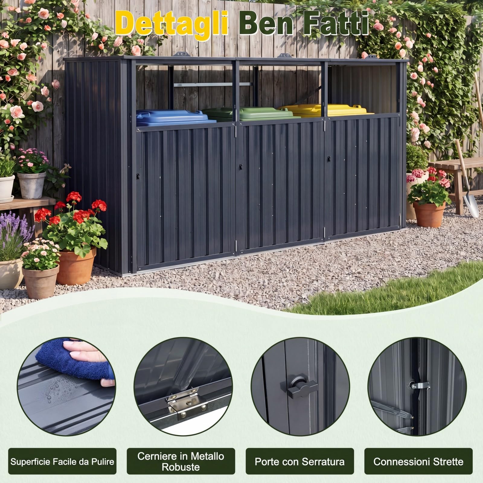 COSTWAY Copribidone Spazzatura Esterno 3 Scomparti con Porta Bloccabili | Contenitore per Raccolta Differenziata in Acciaio Zincato con Coperchi Apribili, da Giardino e Cortile 238 x 79,5 x 122 cm