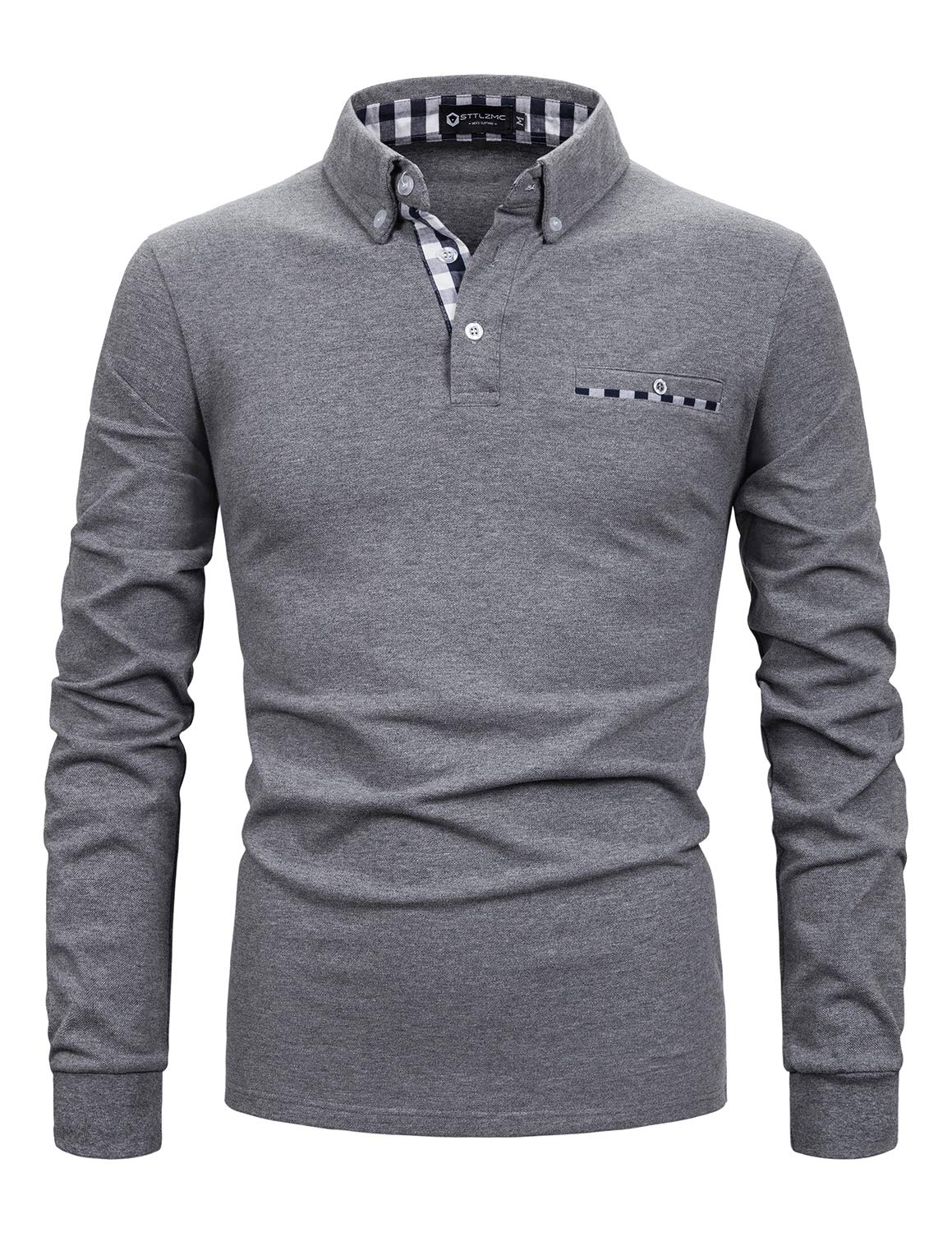 STTLZMC Men's Long Sleeve Polo Shirts Casual Fit Plaid Collar Cotton Golf T-Shirts