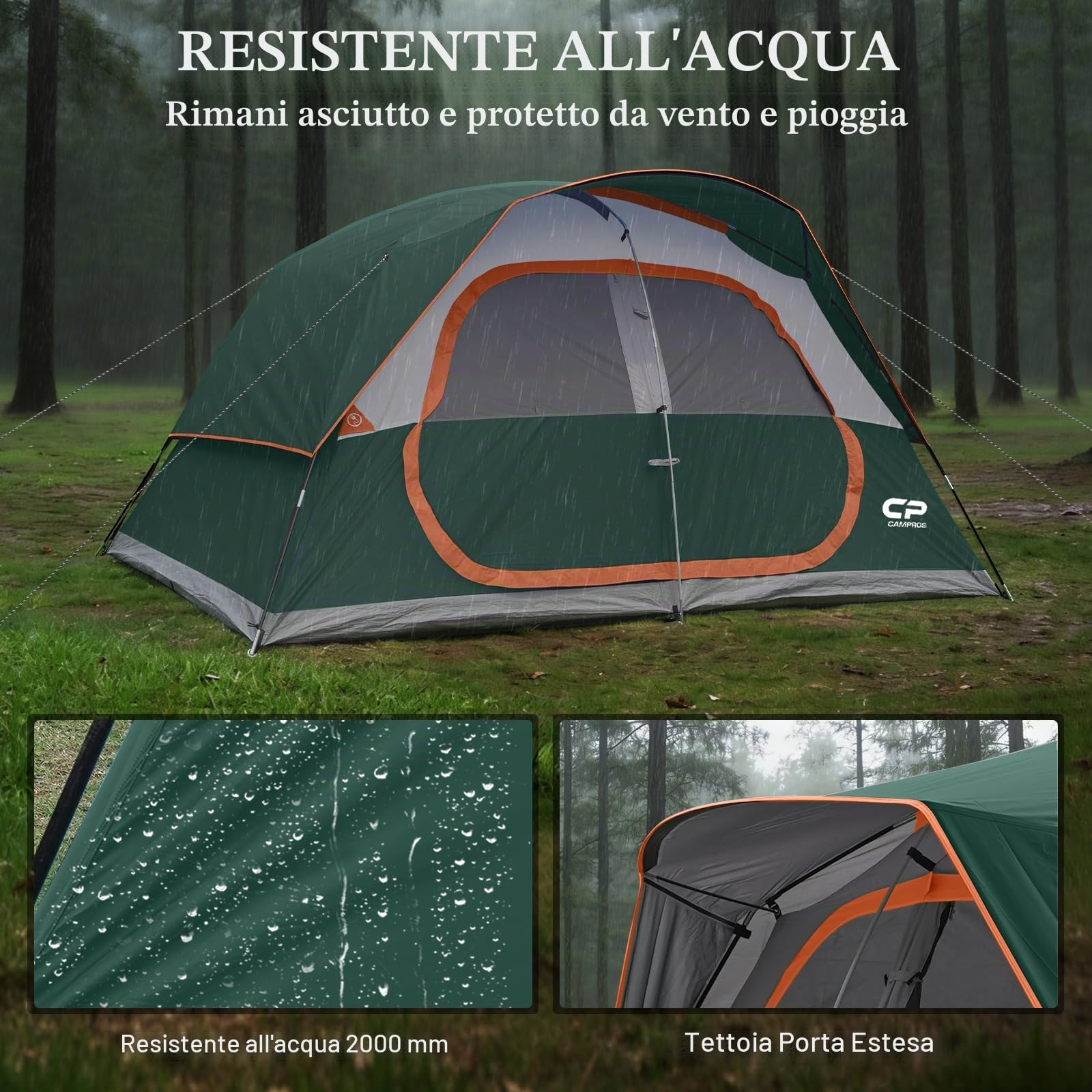 CAMPROS CP Tenda da campeggio per 6/8 persone, impermeabile, antivento, tenda a cupola per famiglie con copertura superiore antipioggia, grandi finestre a rete, doppio strato, facile da montare