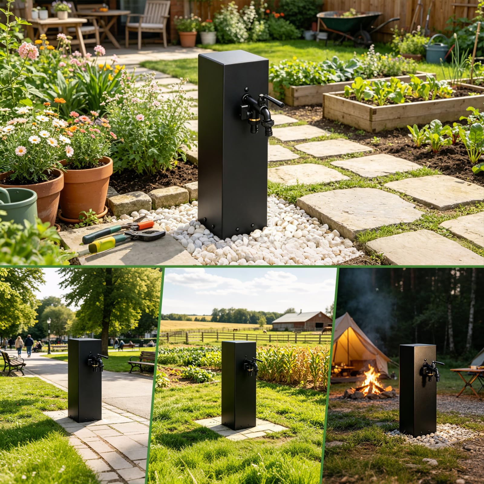 Fuente De Agua Para JardíN, Dispensador De Agua Vertical Para JardíN Con ConexióN Doble De 1/2 Pulgada Grifo Exterior De Acero Inoxidable Negro De 40cm Grifo Para Patio Jardines Terrazas Y Patios