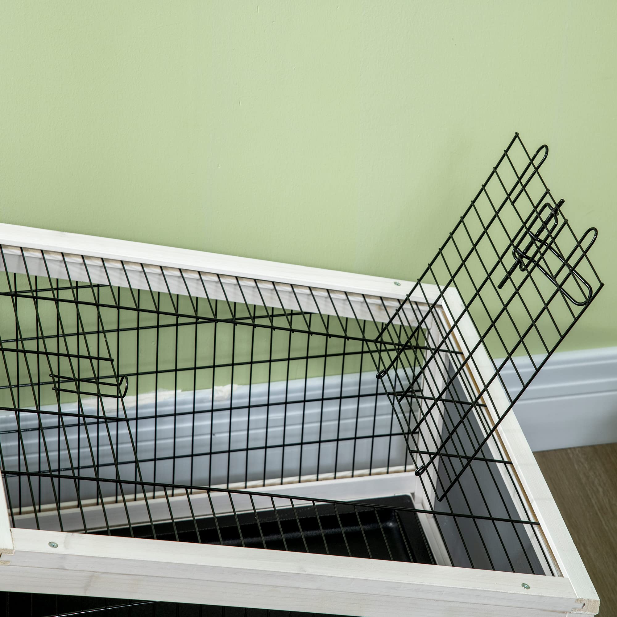 PawHut Clapier Cage à Lapin - Cage à Lapin intérieur Niche, Plateau déjection, Porte et Toit ouvrant verrouillables, Abreuvoir - Acier Noir Sapin Gris Blanc