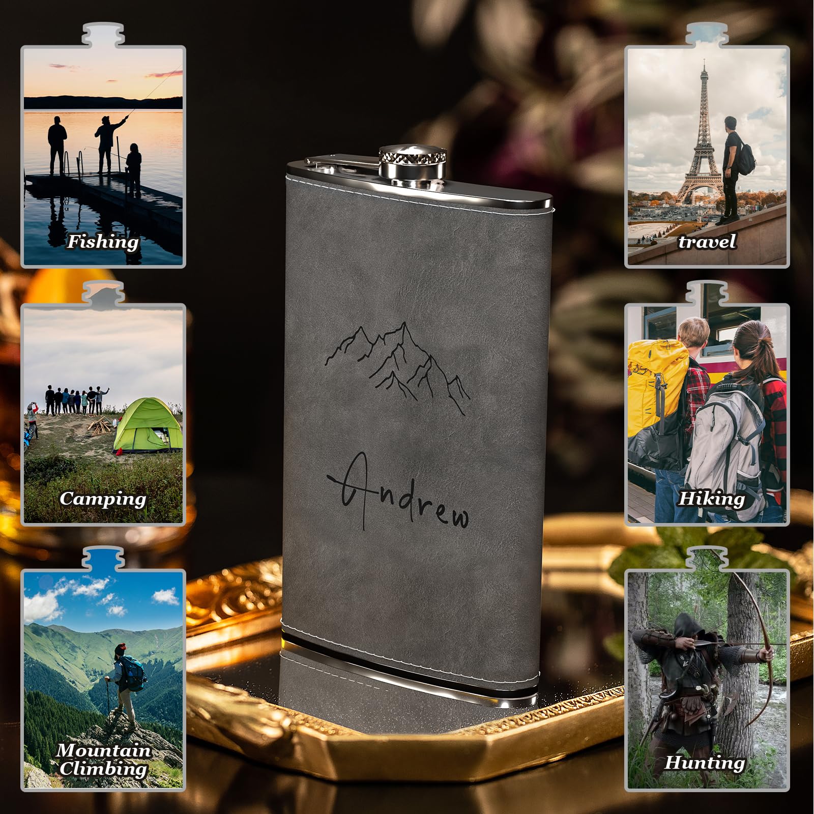 Fiaschetta in acciaio inox, 200 ml, colore argento, con incisione personalizzata, colore nero, regalo personalizzato per compleanno, Natale, festa del papà, testimoni, 5 righe (legno