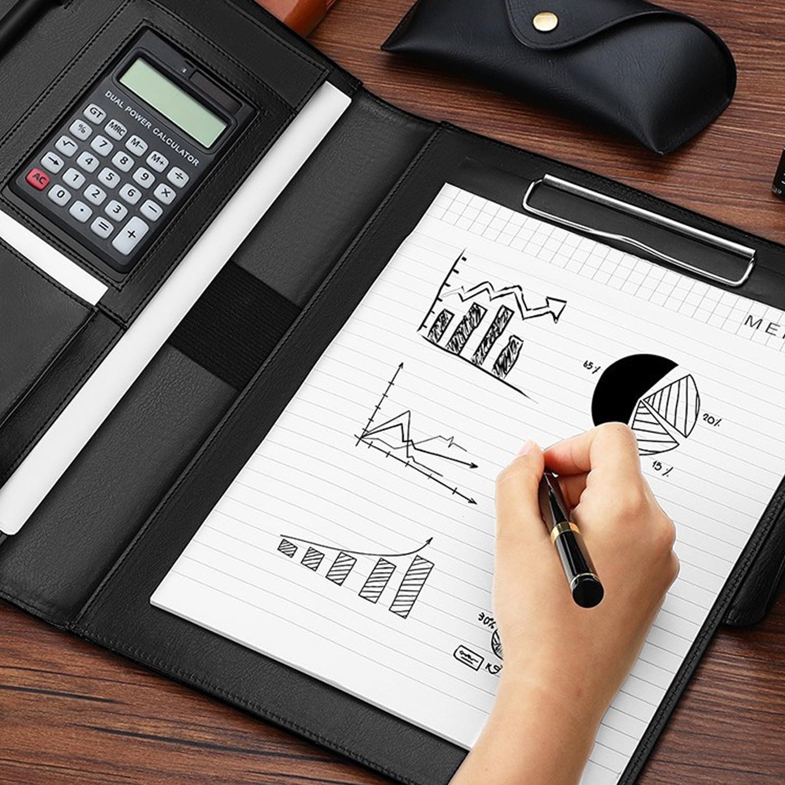 Spacieux un classeur à 4 budgets en cuir, Black solar calculat