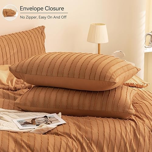 Miniatura 7 de JELLYMONI - Juego de funda de edredón de microfibra tamaño individual color naranja oscuro de 3 piezas, reversible, textura capitoné a rayas