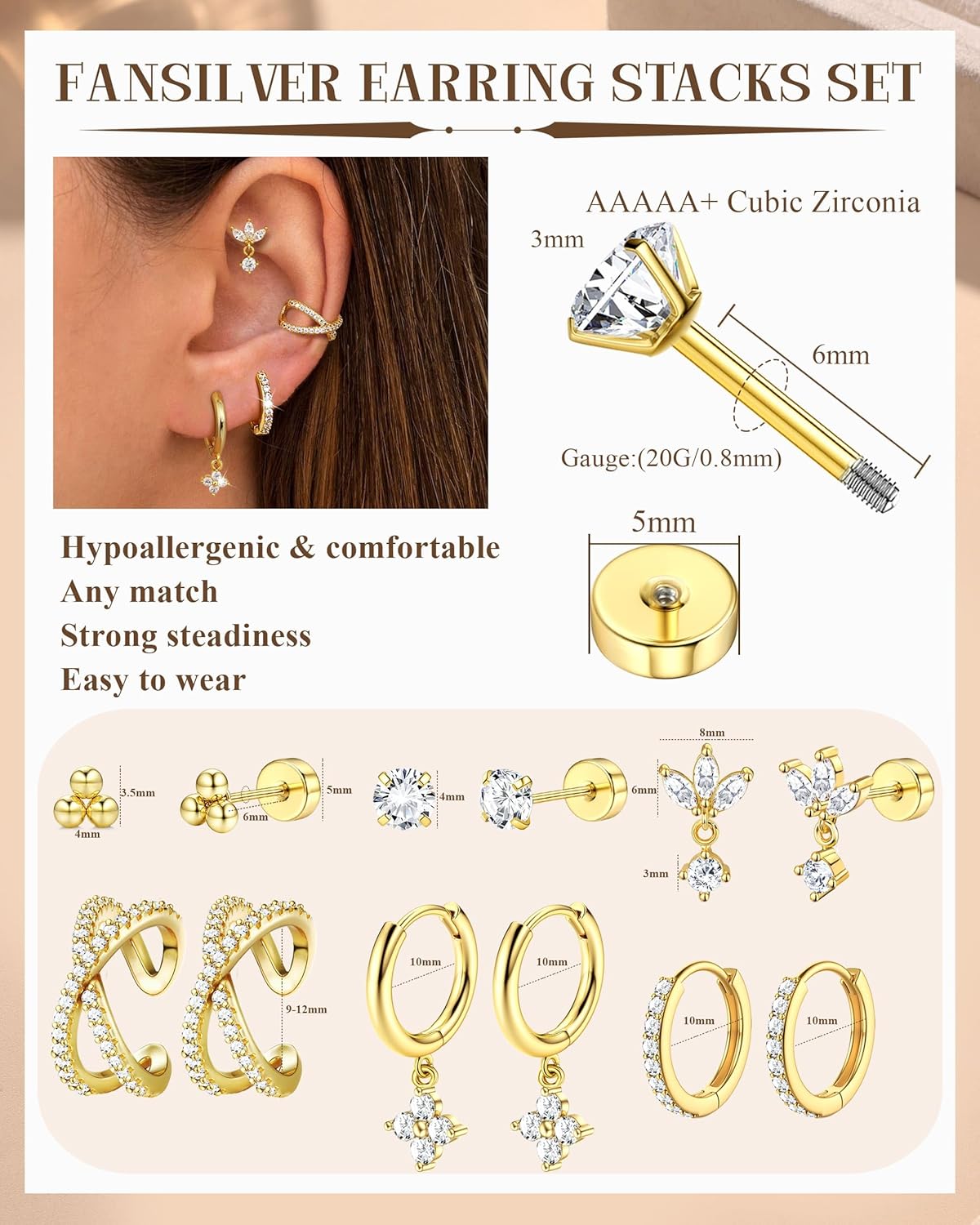 Fansilver 14K Gold Plated Earrings Stacks for Women, Hypoallergenic Surgical Stainless Steel Flat Back Earrings,Dainty Small Huggie Hoops Studs Earring-Cartilage Earring Set for Multiple Piercing - Image 2