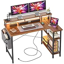 BEXEVUE Scrivania Angolo con LED Ciabatta – 120x70cm Grande Tavolino Computer Forma L Ripiani Portaoggetti, Scrivania Angolare Reversibile Gaming Informatica, Studio Gioco Lavoro Casa Camera da Letto