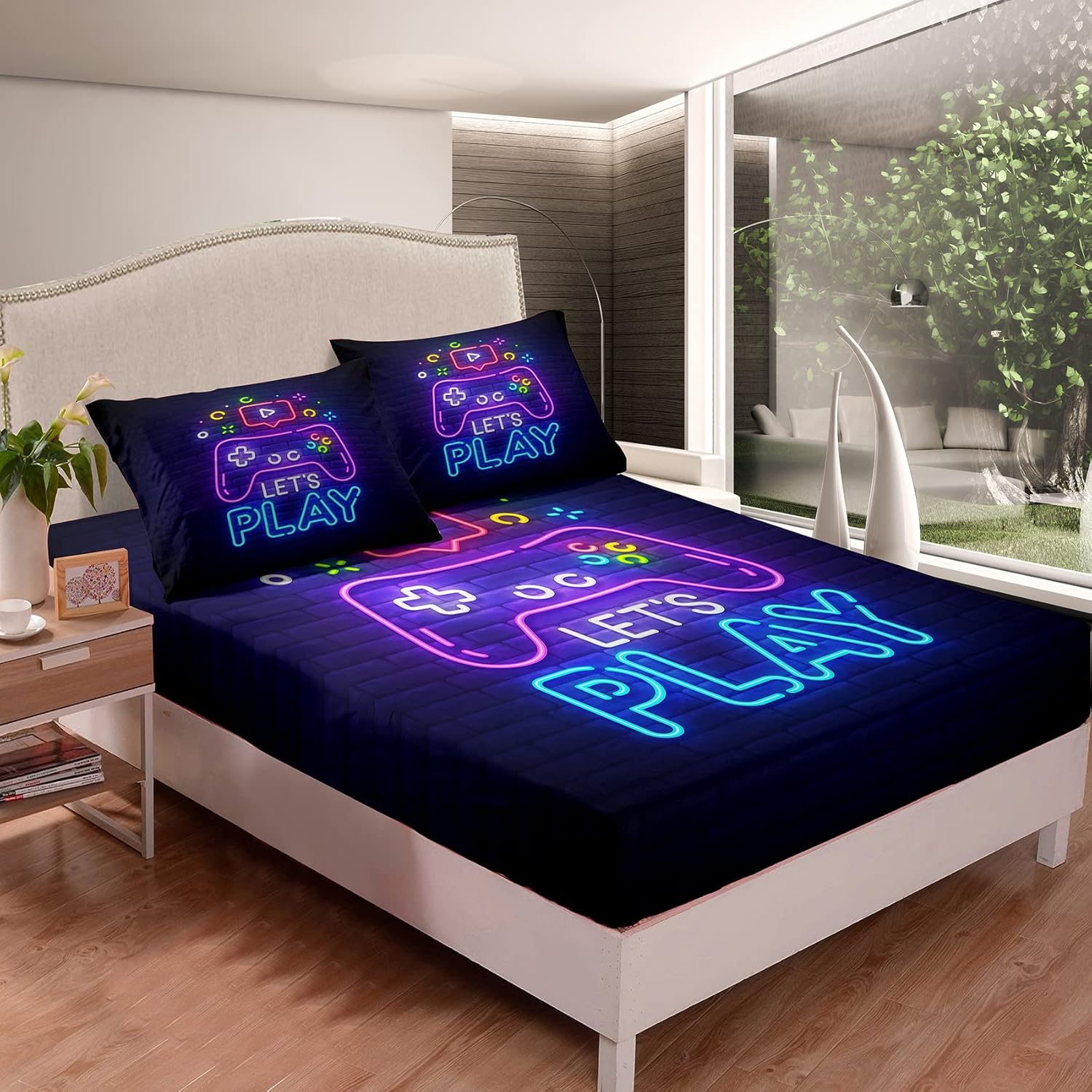 NINENINE Gaming Fitted Sheet Twin Size,Gamer Bedsheets for