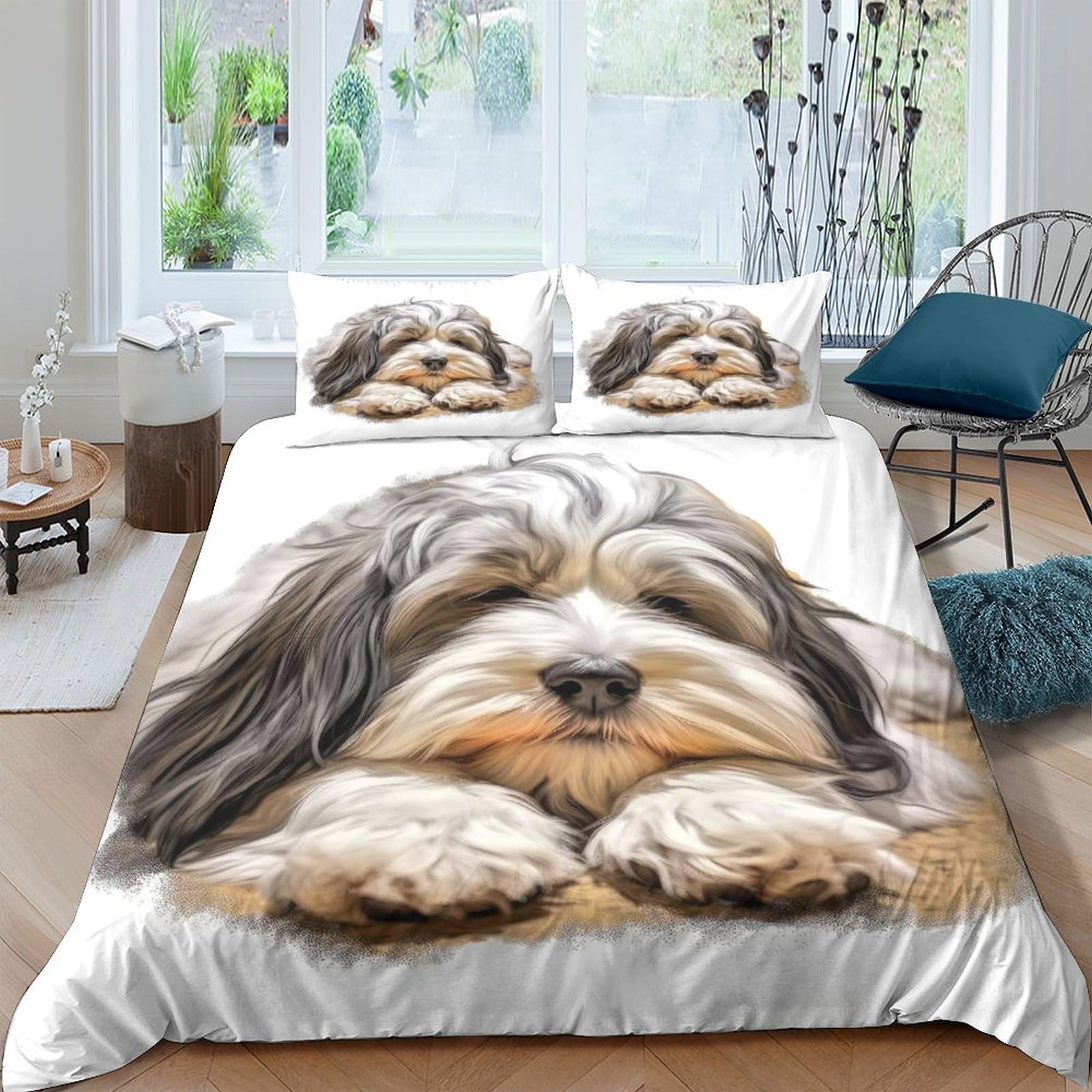 TNFHSOFT Tibetan Terrier Bedding Duvet Cover Set Soft Microfiber Kids Boys Girls Aldult Bedding Set Cute Dog 3d Printe Quilt Cover Set with Zipper Closure with Pillwocase Double（200x200cm）